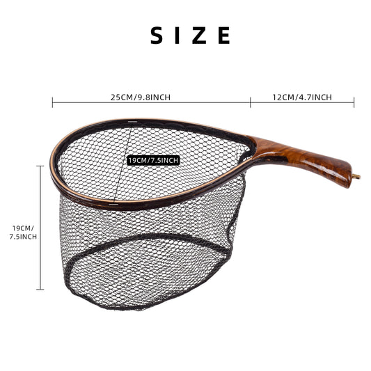 SF Fly Fishing Landing Net with Magnetic Release Curved Handle Wooden Frame Black Rubber Mesh Net Burls Wood Grain for Streams, Small Rivers, Hikers