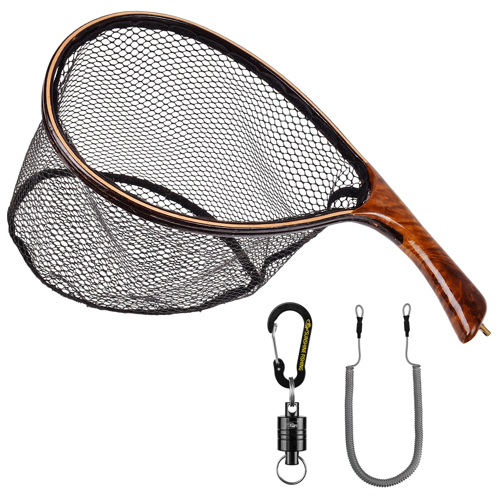 SF Fly Fishing Landing Net with Magnetic Release Curved Handle Wooden