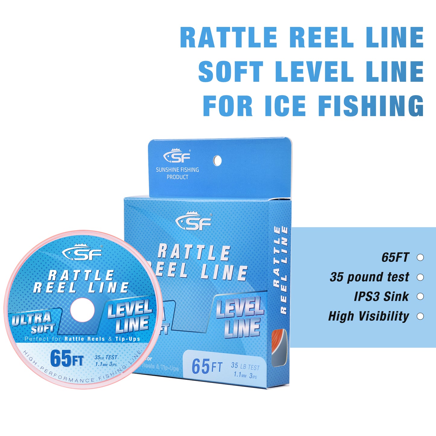 SF 35LB 3IPS 65FT Soft Ice Fishing Line Assorted Color Level Line for Rattle Reels