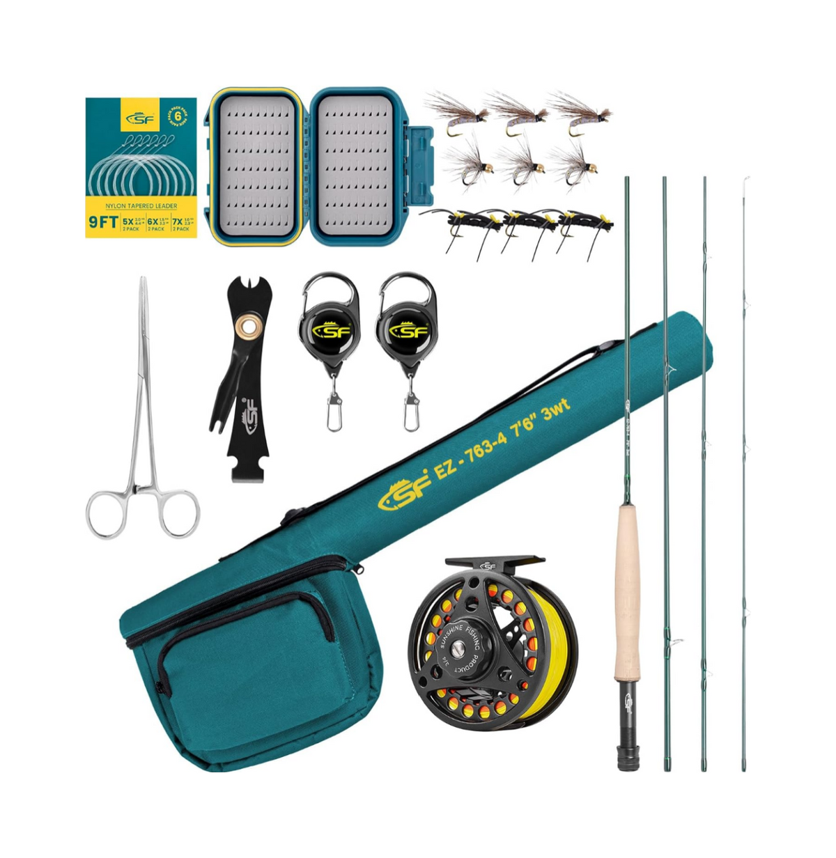 SF Fly Fishing Rod Combo Starter Kit Semi Gloss Green Jade Finish 24T Carbon Fiber Trout Travel Fly Rod with Reel,Fly Rod case,Fly Box , Flies,Tapered Leader,Knot Tying Tools