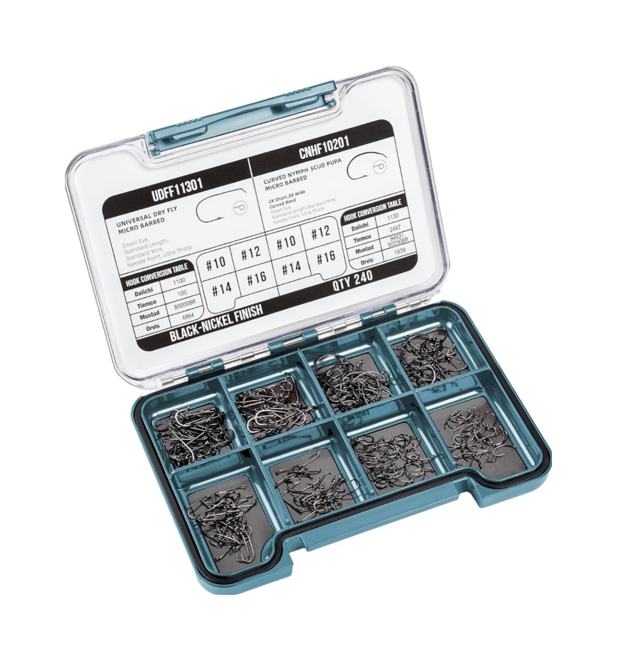 SF 10# 12# 14# 16# Fly Tying Hooks Kit Assortment Micro Barbed High Carbon Steel Standard Dry Curved Nymph Scud Pupa Fly Fishing Hook 240Pcs with Waterproof Magnetic Hook Box