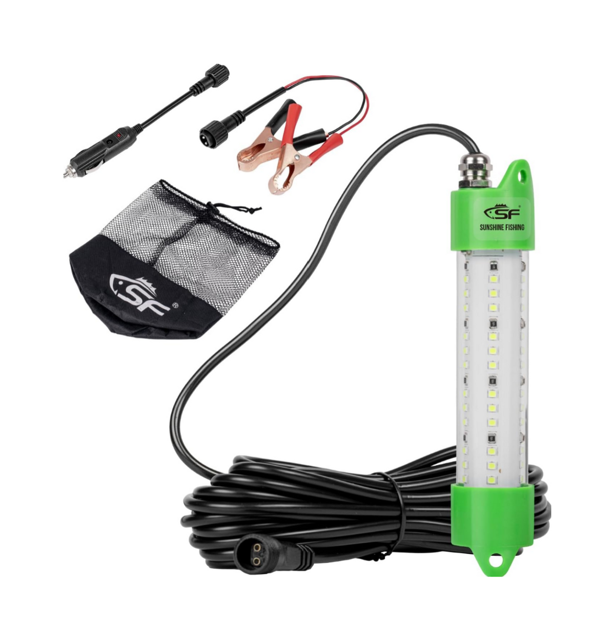 SF Underwater Fishing Light DC 12V Green LED Submersible Fish Bait for Crappie 200W/24000lm IP68 Waterproof Night Fish Attracting Light for Docks, Boats, Ice and Kayaks, Includes Battery Clips