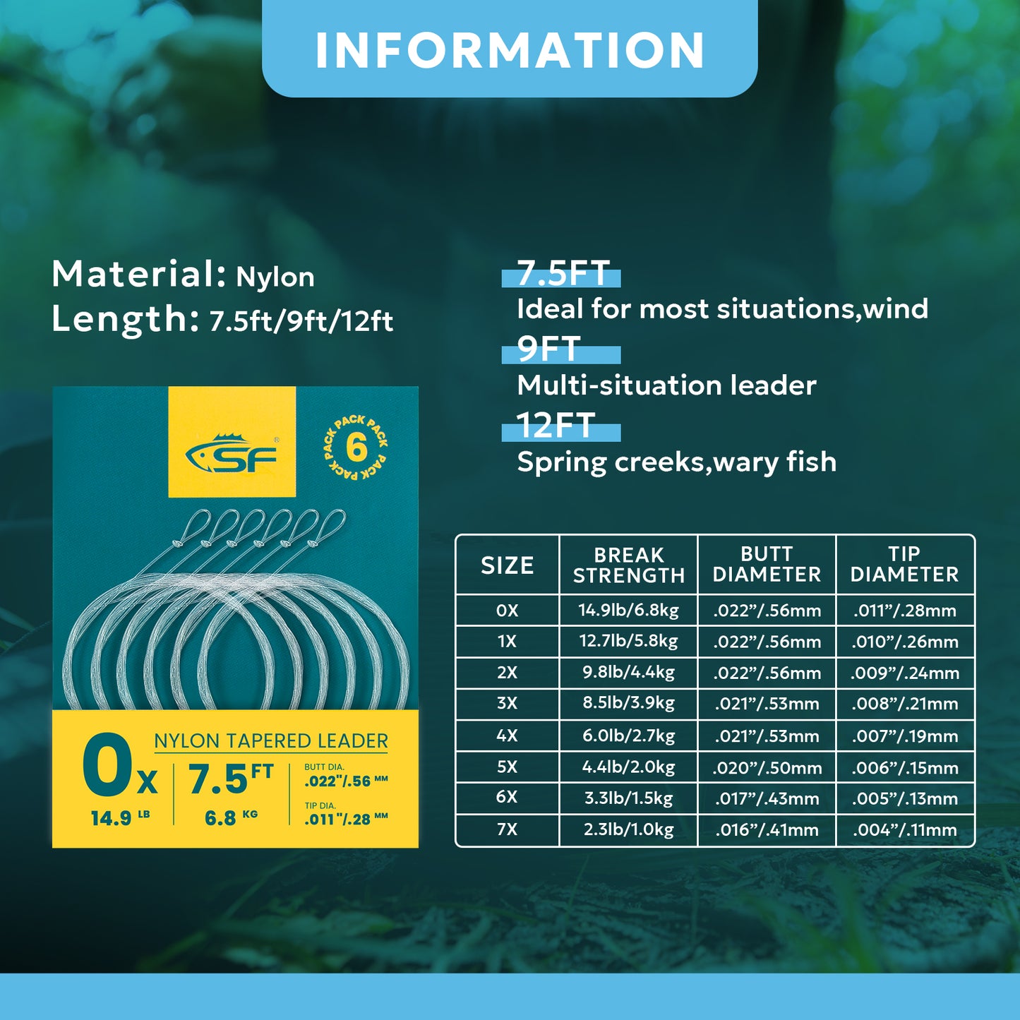 SF Pre-Tied Loop Fly Fishing Tapered Leader Nylon(6 Packs)