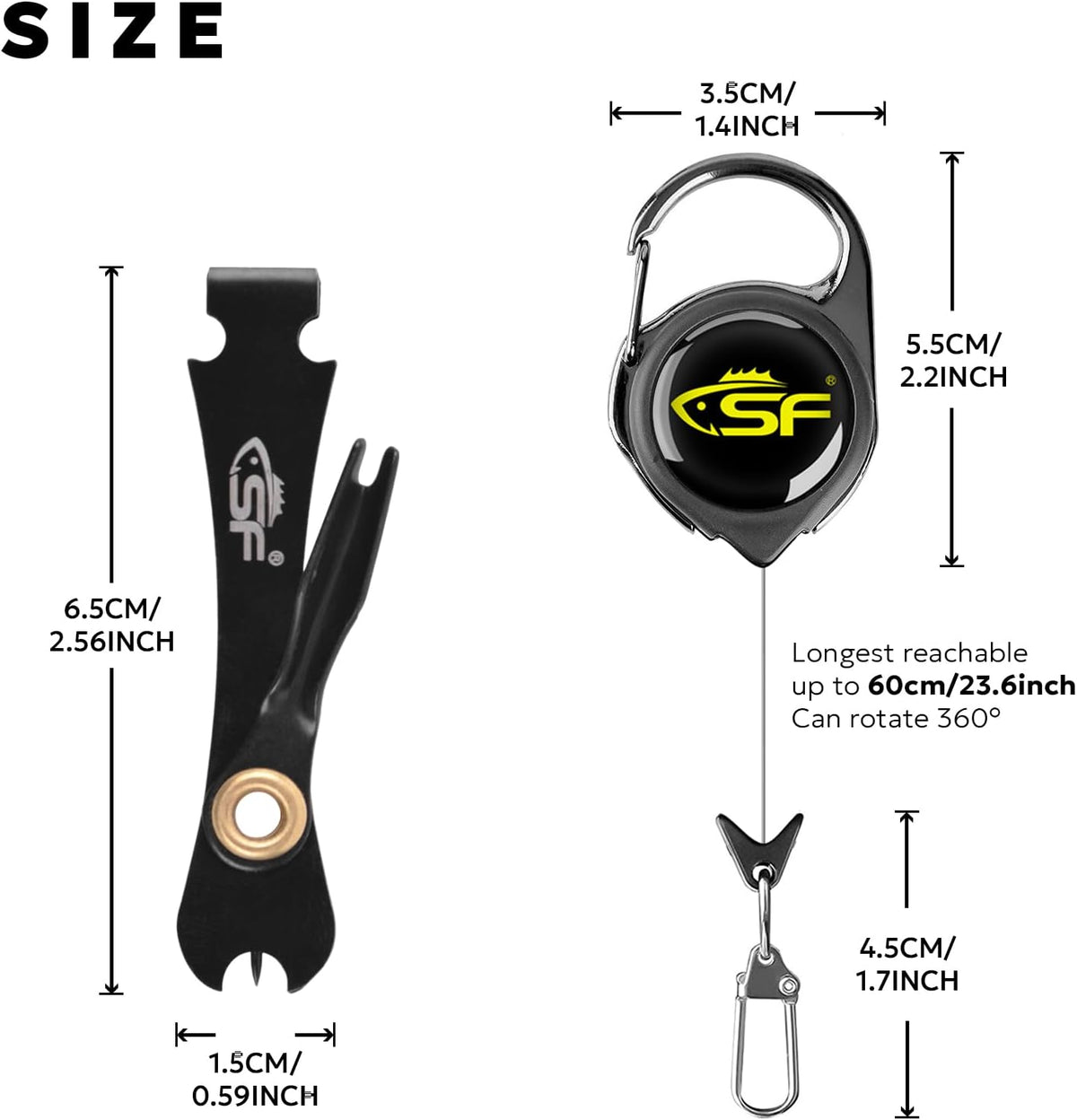 SF 3 in 1 Fly Fishing Nipper Knot Tying Tool with Zinger Retractor