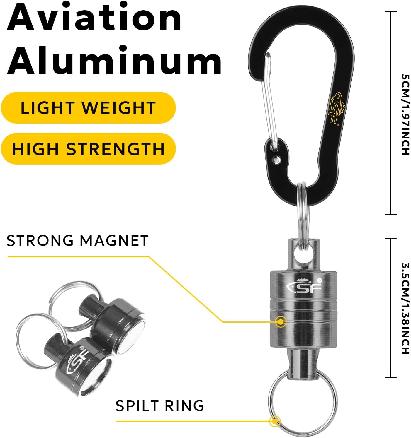 SF Strongest Magnetic Net Release Magnetic Keychain Fly Fishing Net Retractor Magnet Clip Holder Retractor with Retractable Coiled Lanyard Carabiner