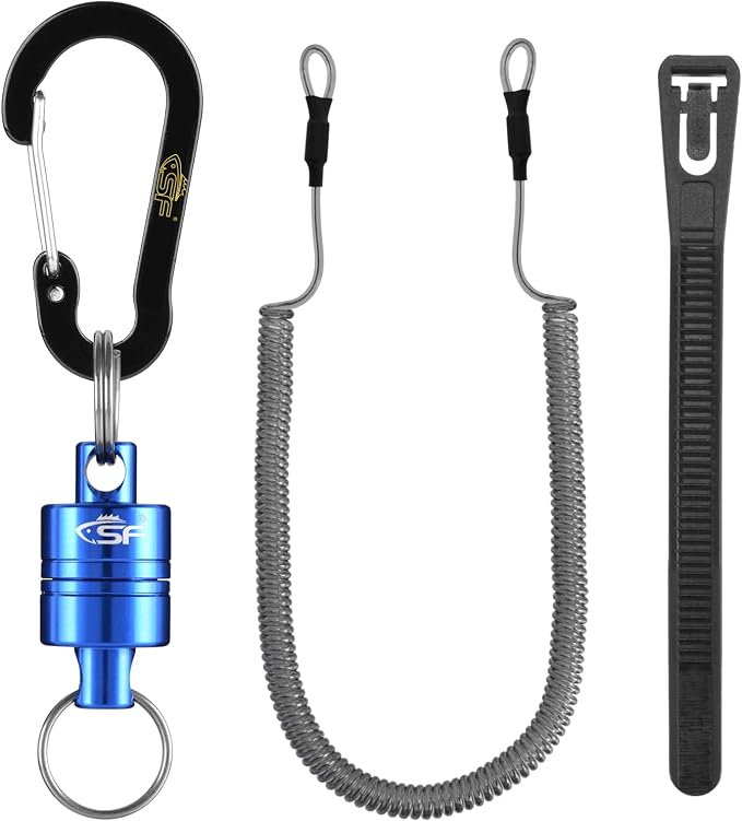 SF Strongest Magnetic Net Release Magnetic Keychain Fly Fishing Net Retractor Magnet Clip Holder Retractor with Retractable Coiled Lanyard Carabiner