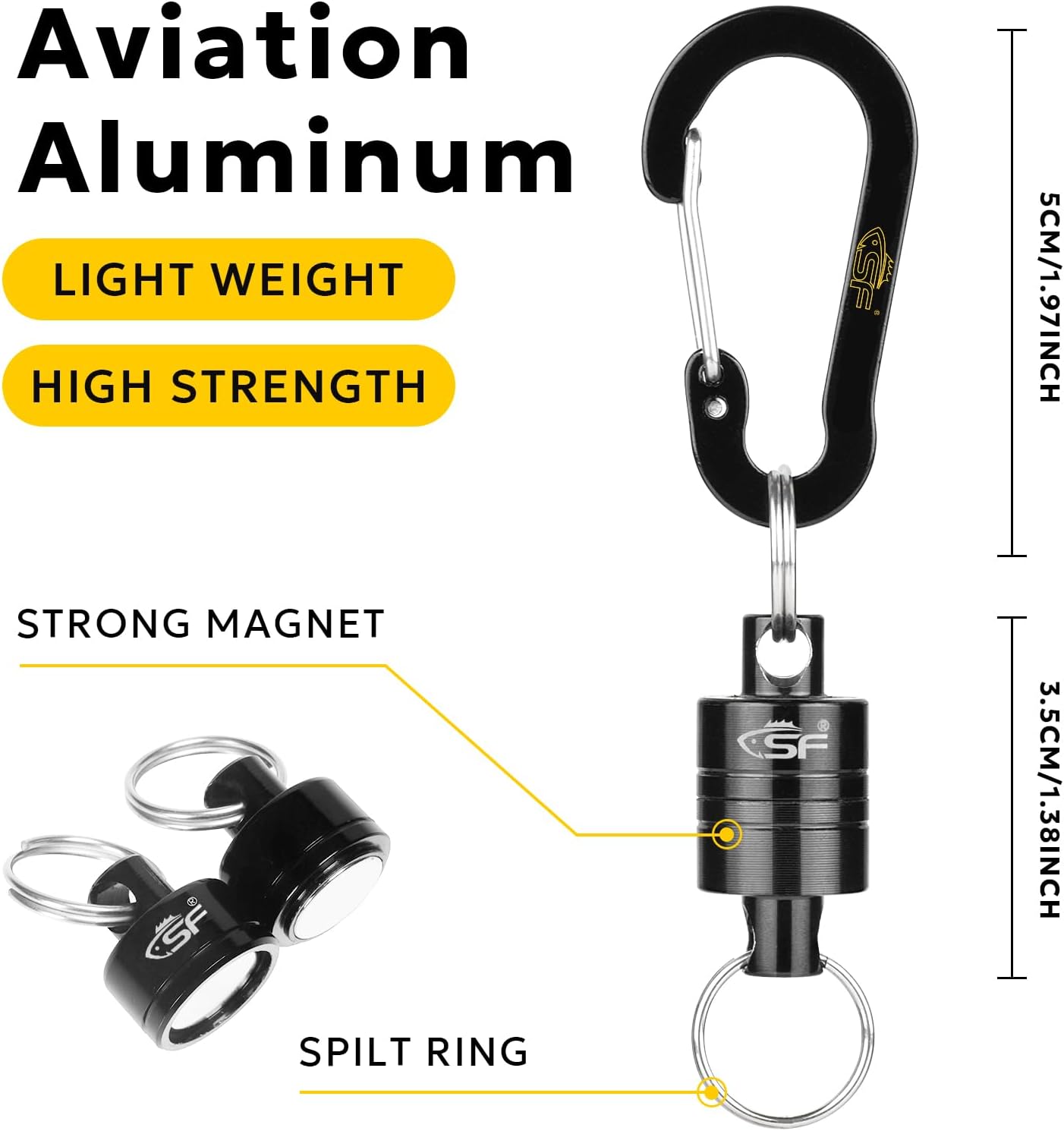 SF Strongest Magnetic Net Release Magnetic Keychain Fly Fishing Net Retractor Magnet Clip Holder Retractor with Retractable Coiled Lanyard Carabiner