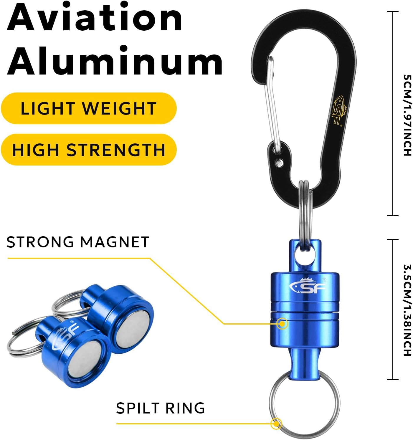 SF Strongest Magnetic Net Release Magnetic Keychain Fly Fishing Net Retractor Magnet Clip Holder Retractor with Retractable Coiled Lanyard Carabiner