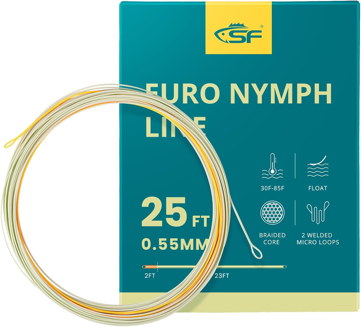 SF Euro Nymph Level Line 0.55mm Floating Fly Fishing Line with 2 Welded Loops 25FT/7.6M，85FT/25.9M Fly Line