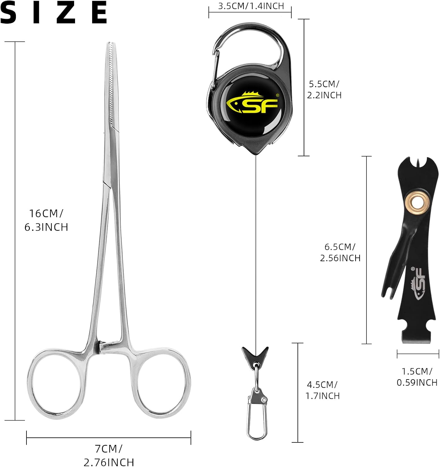 SF Fly Fishing Tools Kit Fishing Knot Tool and Line Clipper, Zinger Retractor, Hook Remover Forceps