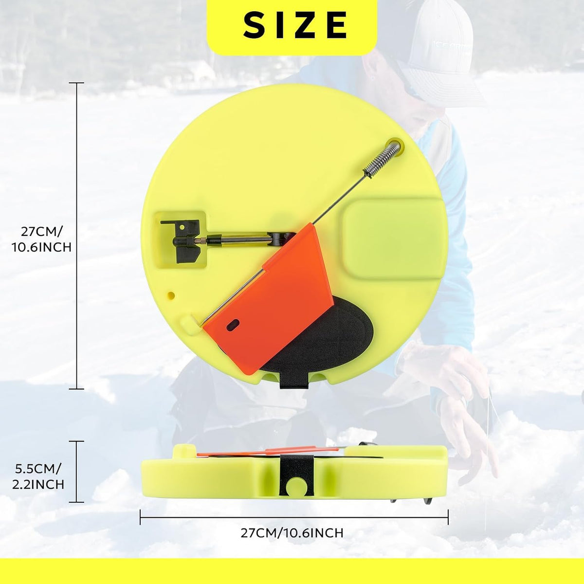 SF Ice Fishing Tip-Up Foldable with Orange Pole Flags/10.6'' Freeze-Proof Thermal Ice Fishing Accessories with Orange Pole Flags, Built-in Storage