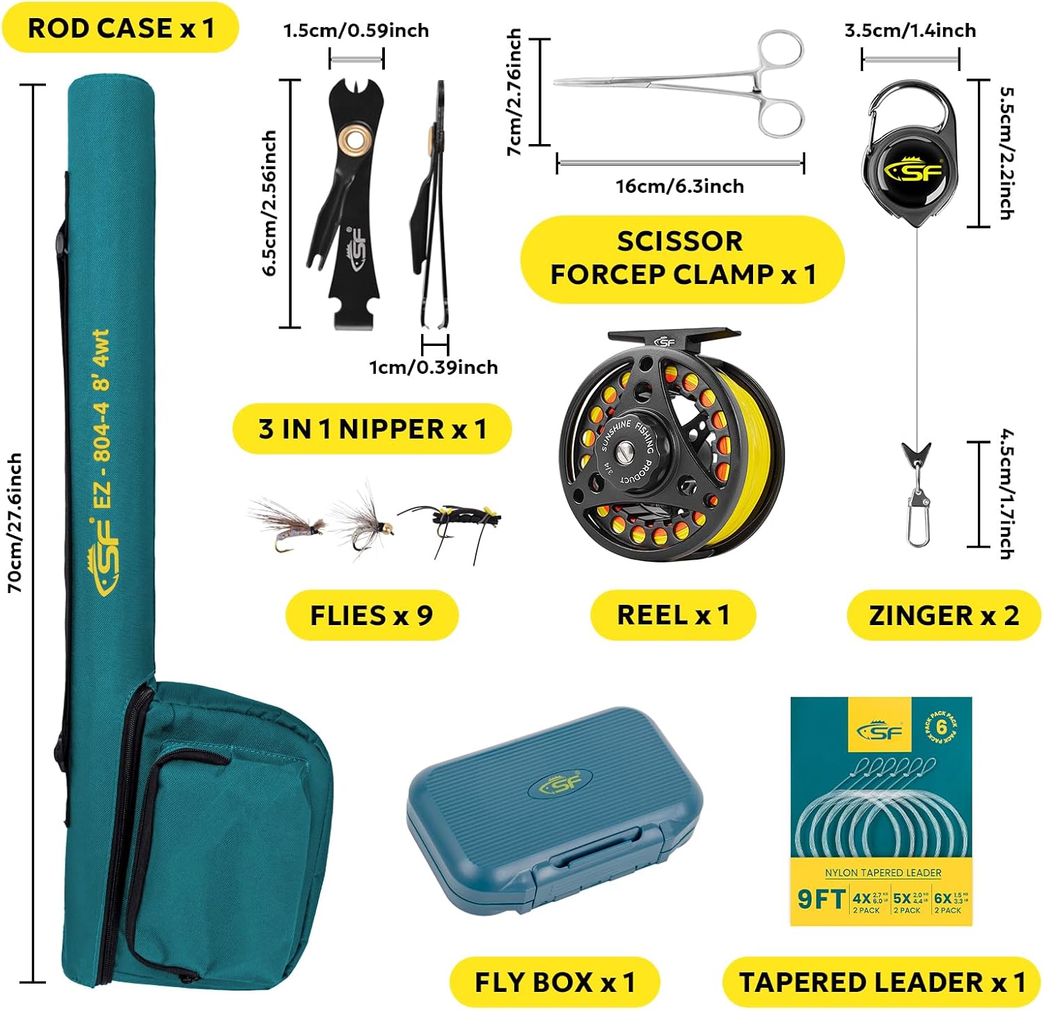 SF Fly Fishing Rod Combo Starter Kit Semi Gloss Green Jade Finish 24T Carbon Fiber Trout Travel Fly Rod with Reel,Fly Rod case,Fly Box , Flies,Tapered Leader,Knot Tying Tools