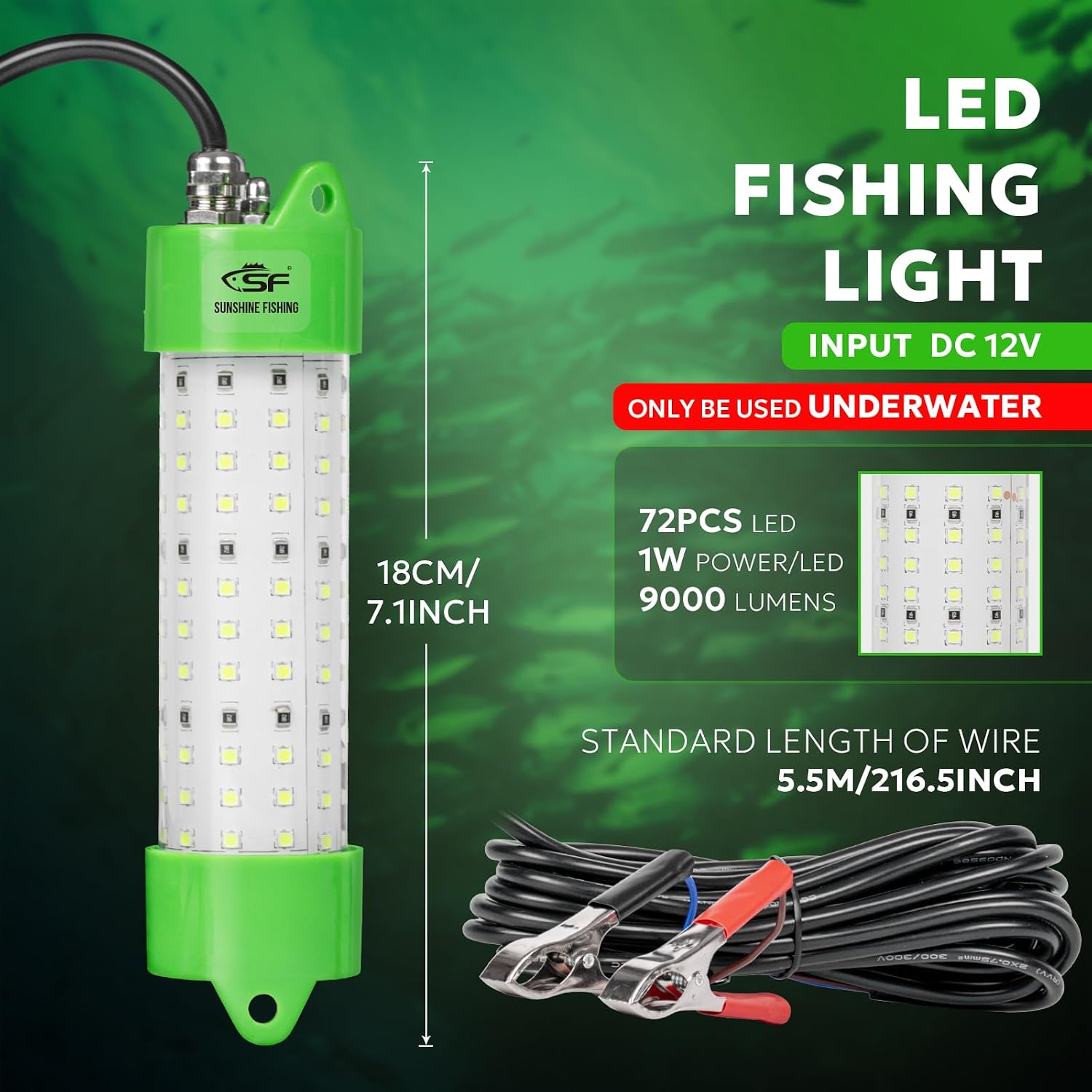 SF Underwater Fishing Light DC 12V Green LED Submersible Fish Bait for Crappie 200W/24000lm IP68 Waterproof Night Fish Attracting Light for Docks, Boats, Ice and Kayaks, Includes Battery Clips