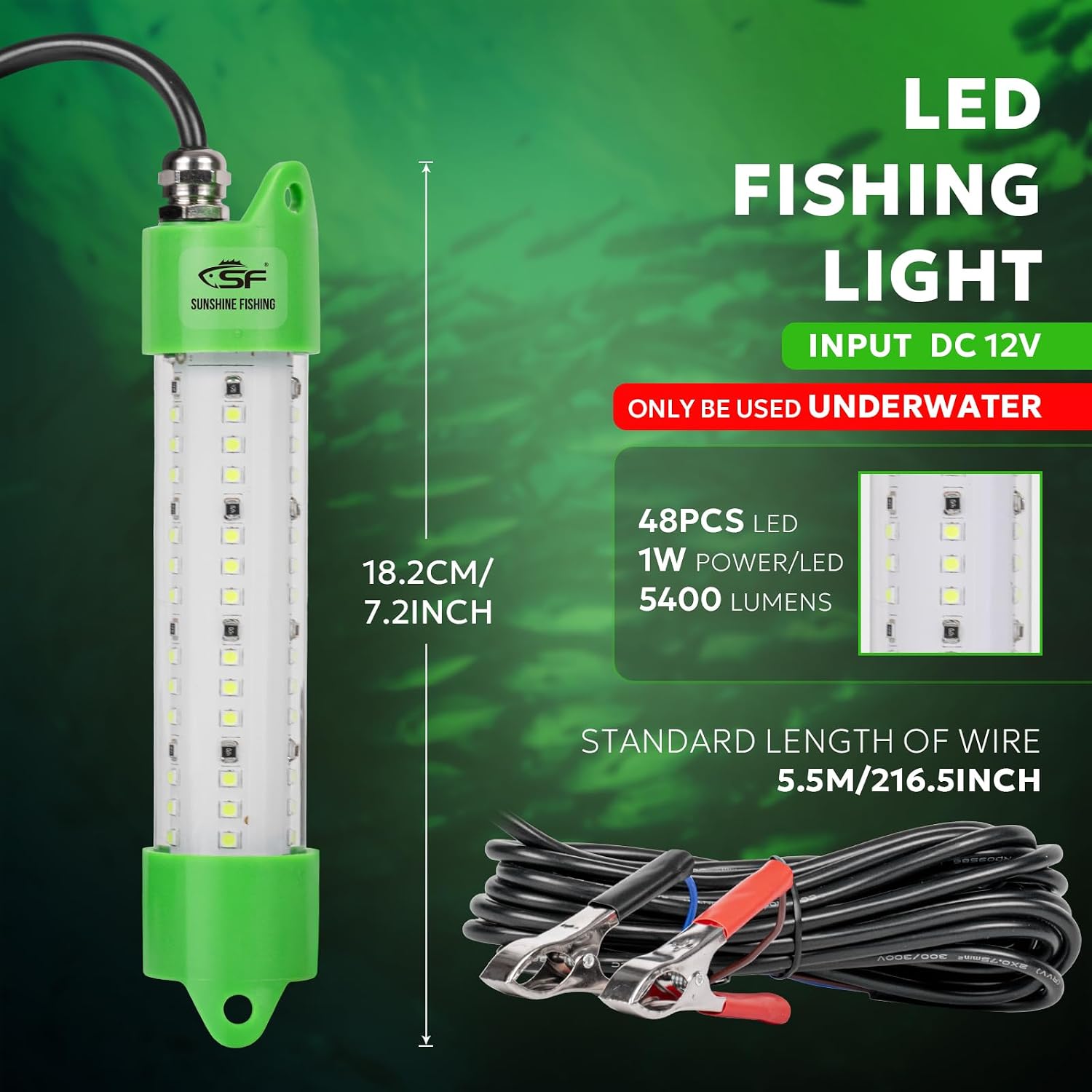 SF Underwater Fishing Light DC 12V Green LED Submersible Fish Bait for Crappie 200W/24000lm IP68 Waterproof Night Fish Attracting Light for Docks, Boats, Ice and Kayaks, Includes Battery Clips