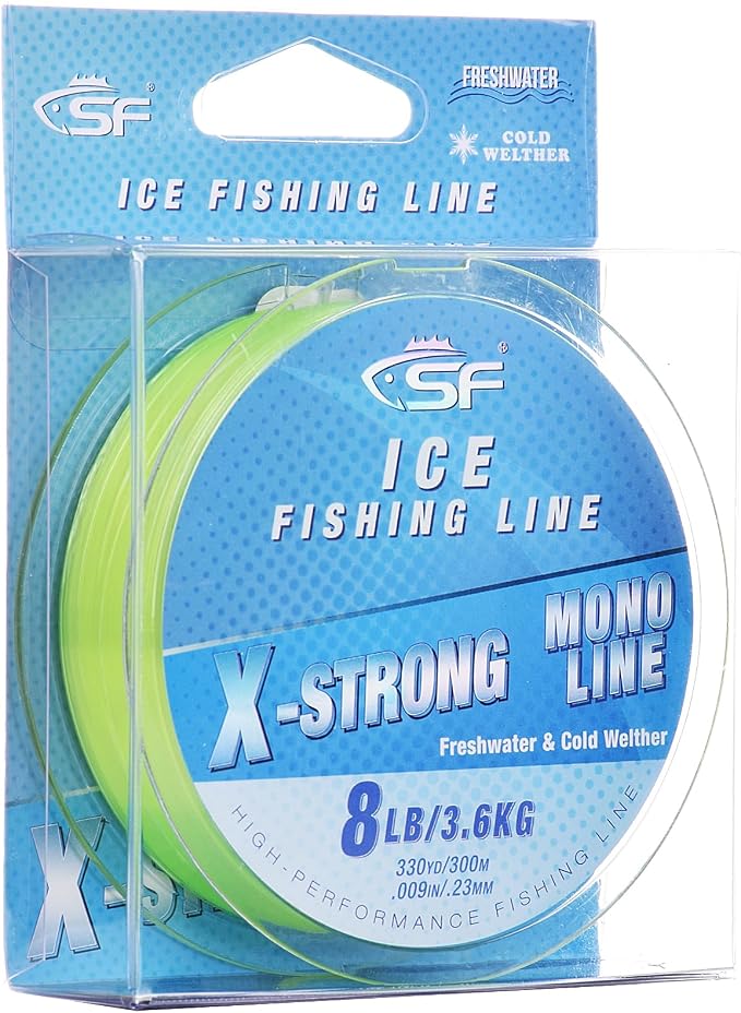 SF X-Strong Monofilament Ice Fishing Line with Spool Mono Line 3/4/6/8LB 330YD/300M Clear/Fluor Green Fishing Wire Freshwater