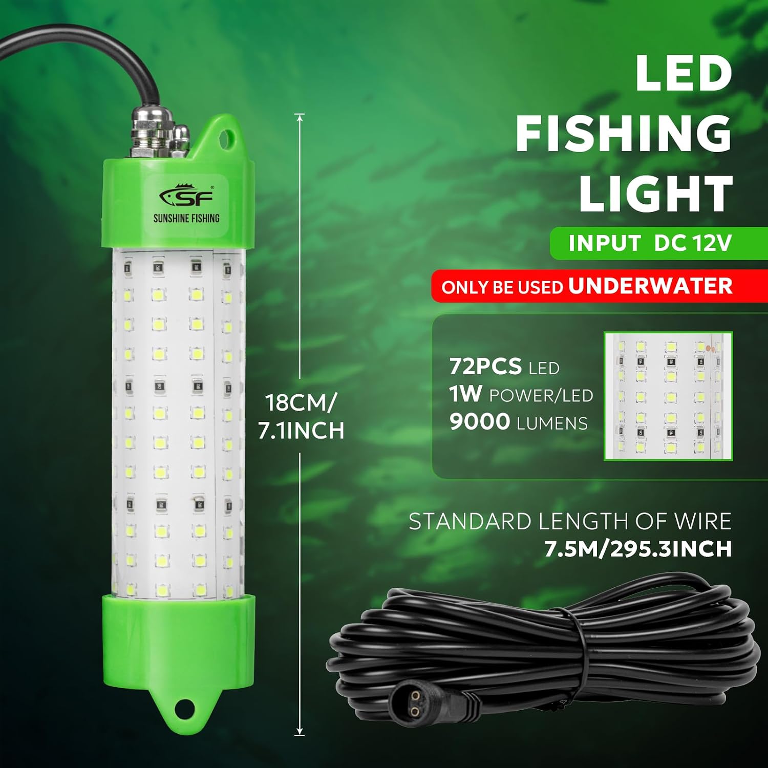 SF Underwater Fishing Light DC 12V Green LED Submersible Fish Bait for Crappie 200W/24000lm IP68 Waterproof Night Fish Attracting Light for Docks, Boats, Ice and Kayaks, Includes Battery Clips