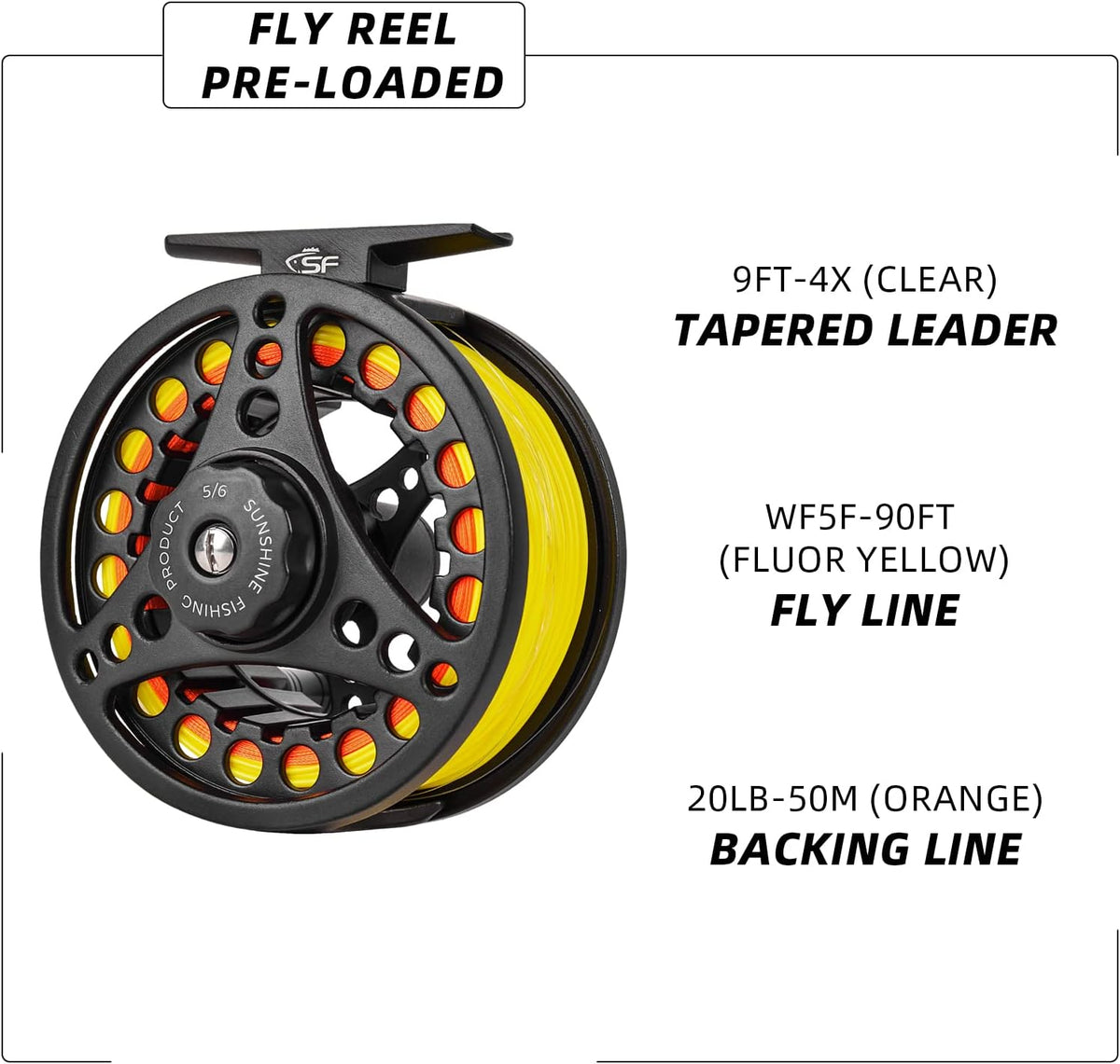 SF Large Arbor Fly Fishing Reel 3/4wt 5/6wt 7/8wt Aluminum Alloy Body Die-Cast Matt Black Pre-Loaded Fly Reel with Line Combo Fluorescent Yellow Fly Line