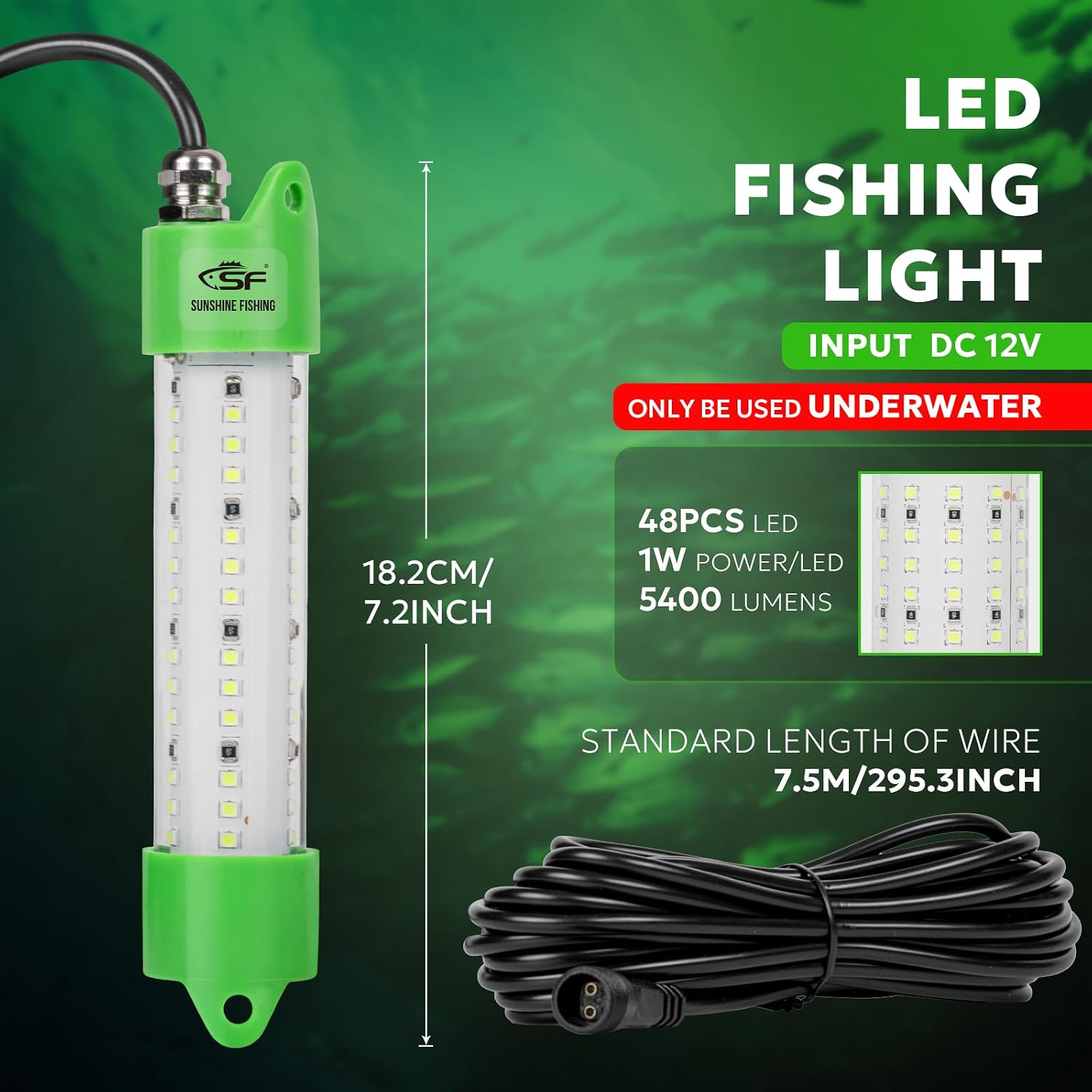 SF Underwater Fishing Light DC 12V Green LED Submersible Fish Bait for Crappie 200W/24000lm IP68 Waterproof Night Fish Attracting Light for Docks, Boats, Ice and Kayaks, Includes Battery Clips
