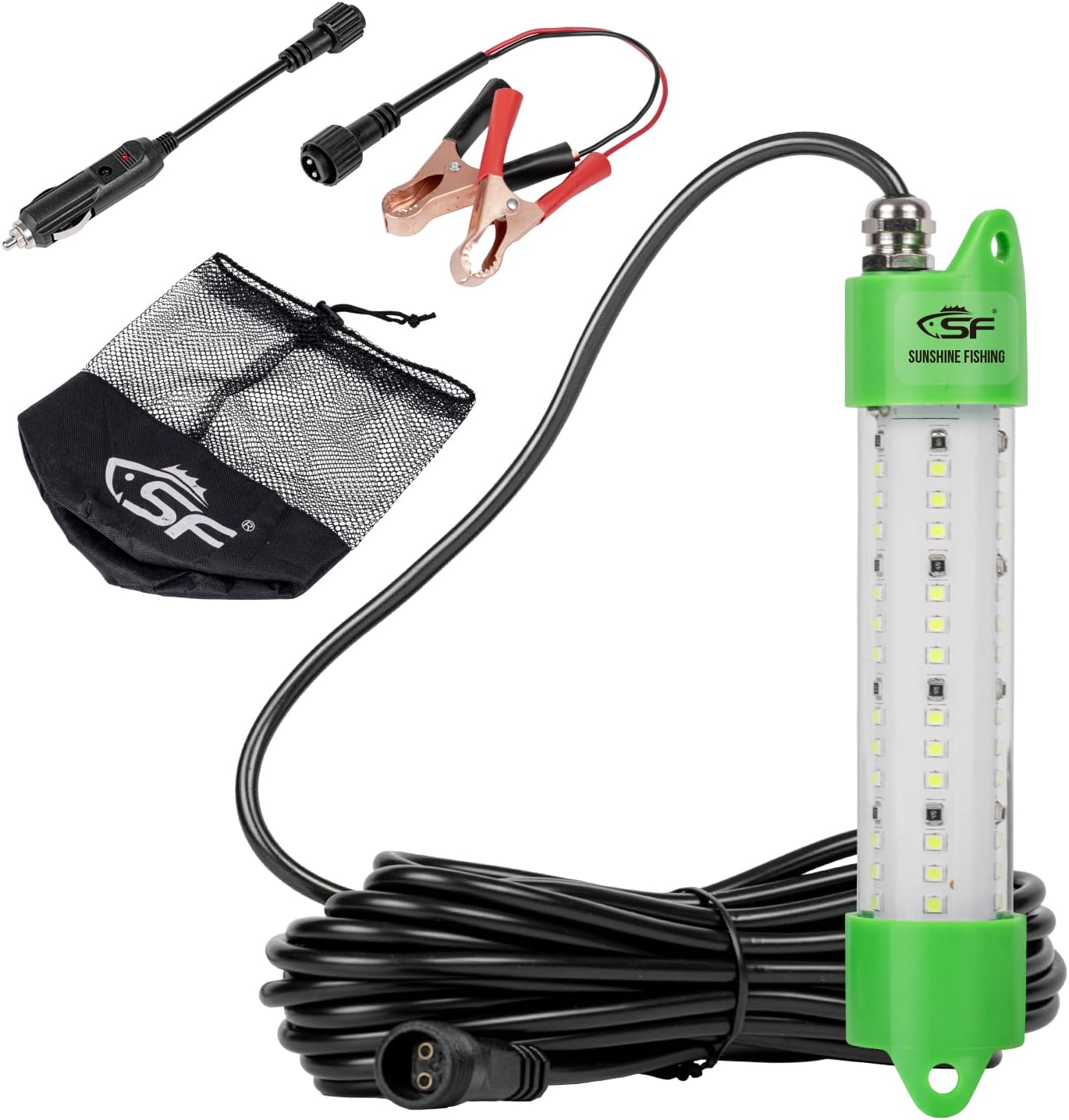 SF Underwater Fishing Light DC 12V Green LED Submersible Fish Bait for Crappie 200W/24000lm IP68 Waterproof Night Fish Attracting Light for Docks, Boats, Ice and Kayaks, Includes Battery Clips