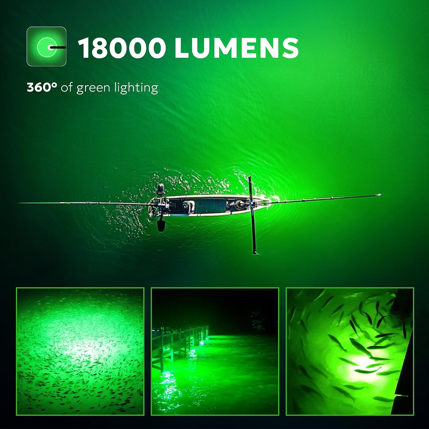 SF Underwater Fishing Light DC 12V Green LED Submersible Fish Bait for Crappie 200W/24000lm IP68 Waterproof Night Fish Attracting Light for Docks, Boats, Ice and Kayaks, Includes Battery Clips