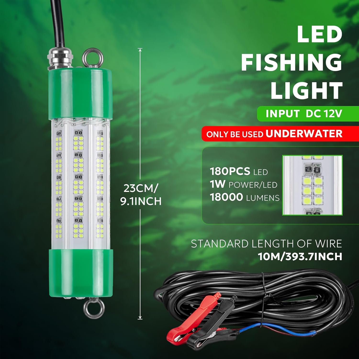 SF Underwater Fishing Light DC 12V Green LED Submersible Fish Bait for Crappie 200W/24000lm IP68 Waterproof Night Fish Attracting Light for Docks, Boats, Ice and Kayaks, Includes Battery Clips