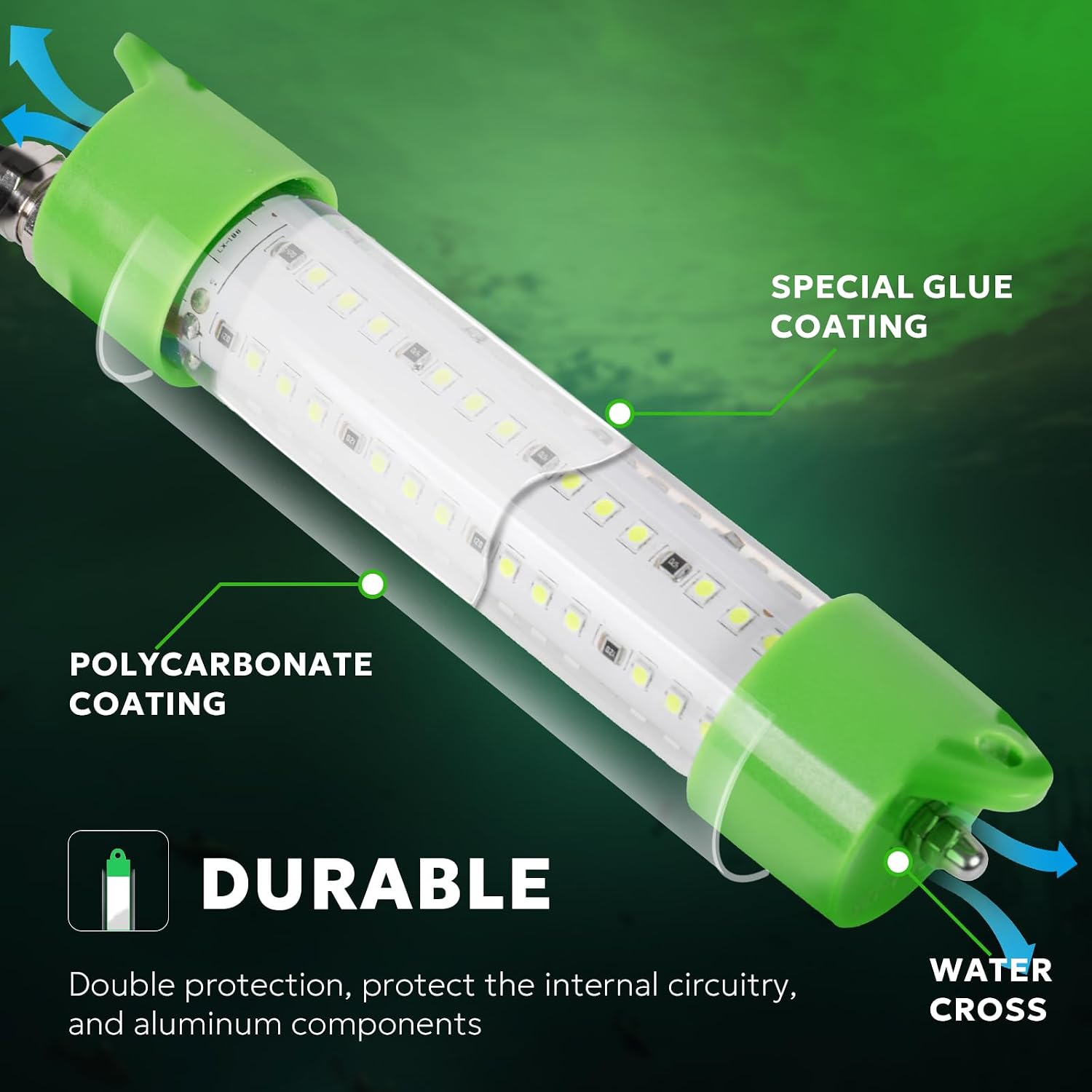 SF Underwater Fishing Light DC 12V Green LED Submersible Fish Bait for Crappie 200W/24000lm IP68 Waterproof Night Fish Attracting Light for Docks, Boats, Ice and Kayaks, Includes Battery Clips