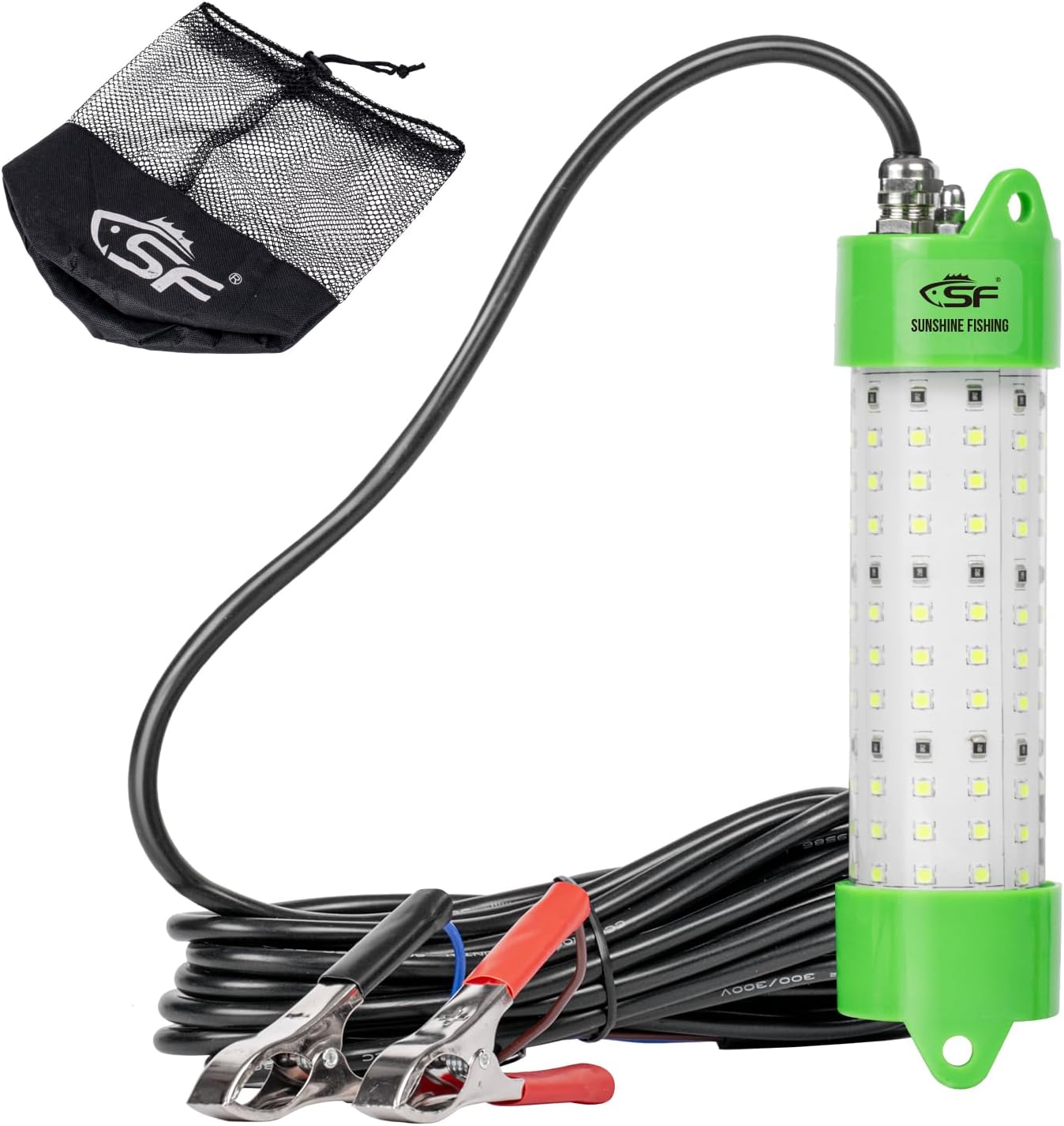 SF Underwater Fishing Light DC 12V Green LED Submersible Fish Bait for Crappie 200W/24000lm IP68 Waterproof Night Fish Attracting Light for Docks, Boats, Ice and Kayaks, Includes Battery Clips