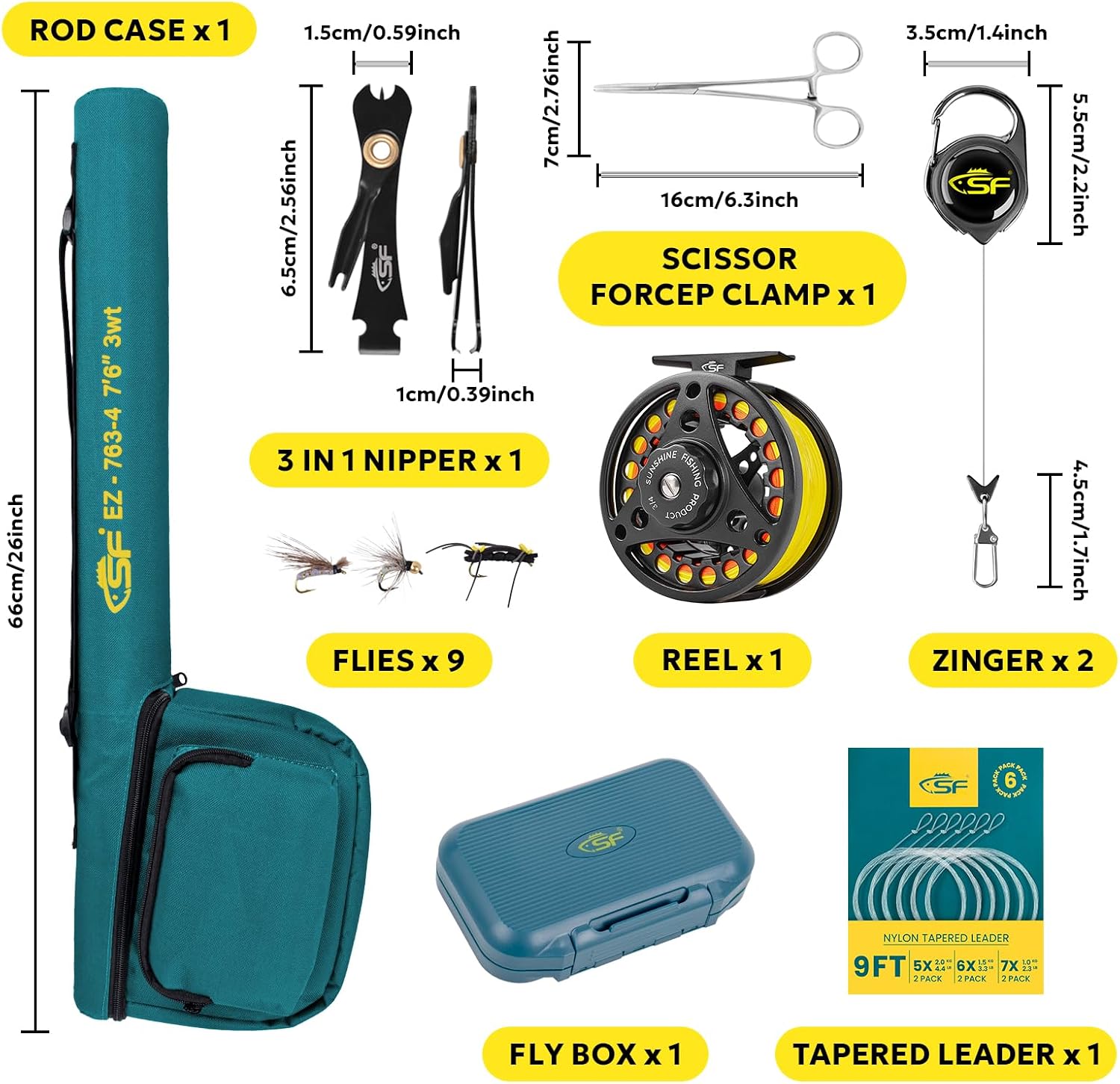 SF Fly Fishing Rod Combo Starter Kit Semi Gloss Green Jade Finish 24T Carbon Fiber Trout Travel Fly Rod with Reel,Fly Rod case,Fly Box , Flies,Tapered Leader,Knot Tying Tools