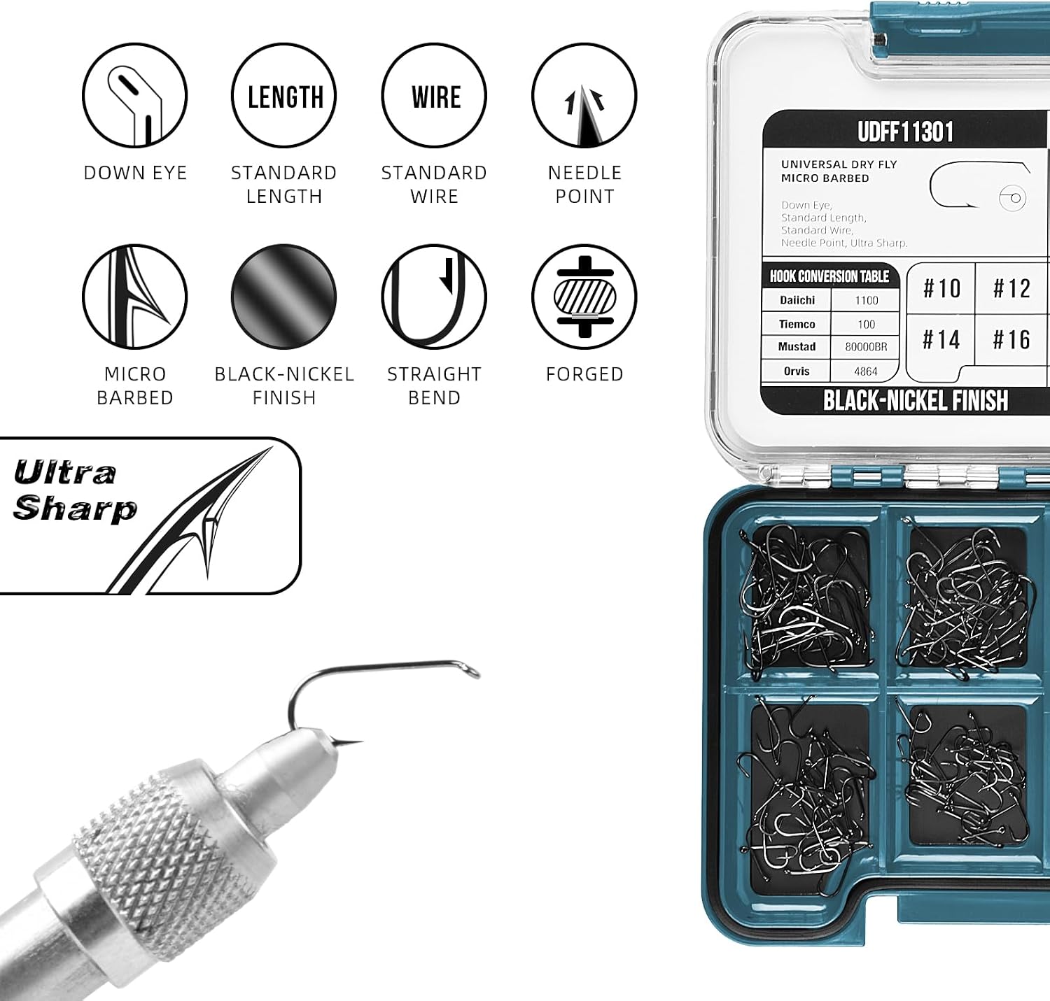SF 10# 12# 14# 16# Fly Tying Hooks Kit Assortment Micro Barbed High Carbon Steel Standard Dry Curved Nymph Scud Pupa Fly Fishing Hook 240Pcs with Waterproof Magnetic Hook Box