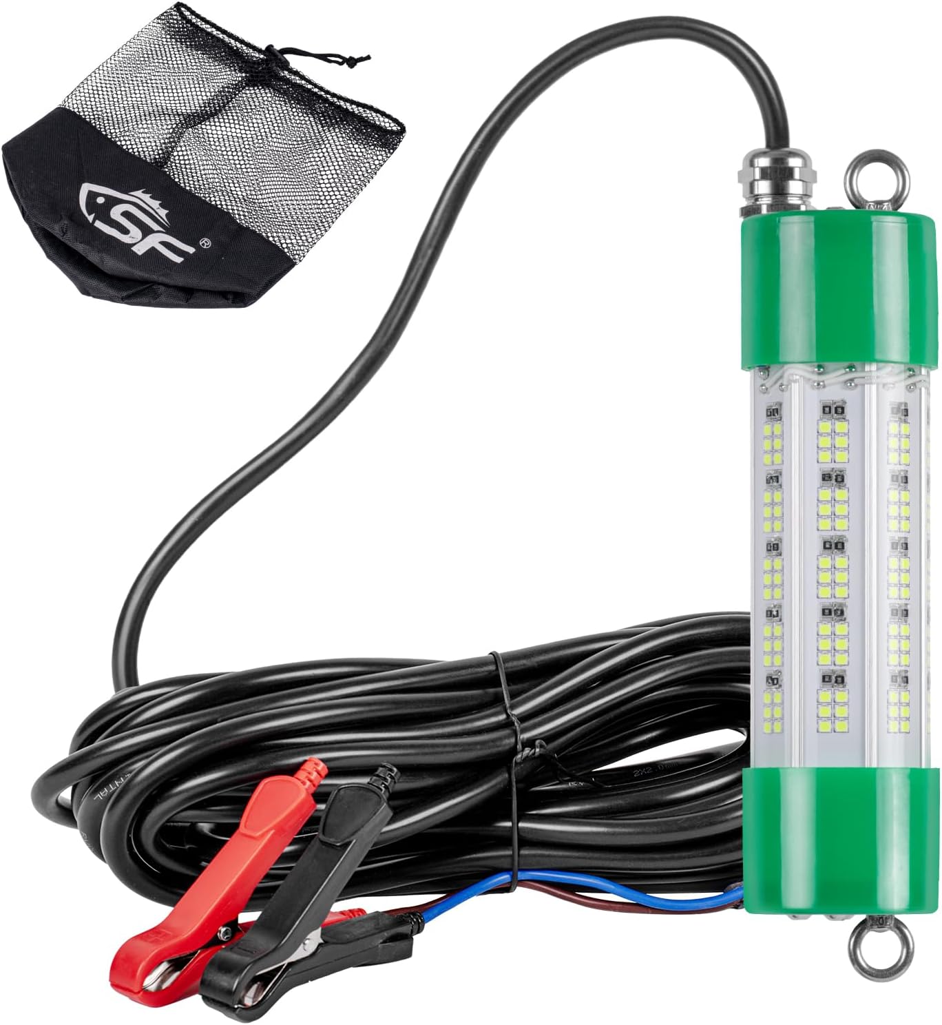 SF Underwater Fishing Light DC 12V Green LED Submersible Fish Bait for Crappie 200W/24000lm IP68 Waterproof Night Fish Attracting Light for Docks, Boats, Ice and Kayaks, Includes Battery Clips
