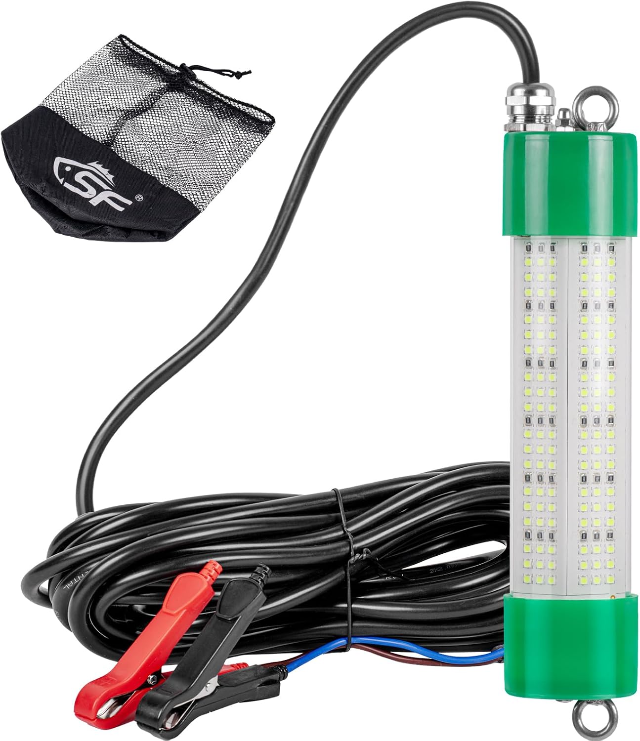 SF Underwater Fishing Light DC 12V Green LED Submersible Fish Bait for Crappie 200W/24000lm IP68 Waterproof Night Fish Attracting Light for Docks, Boats, Ice and Kayaks, Includes Battery Clips