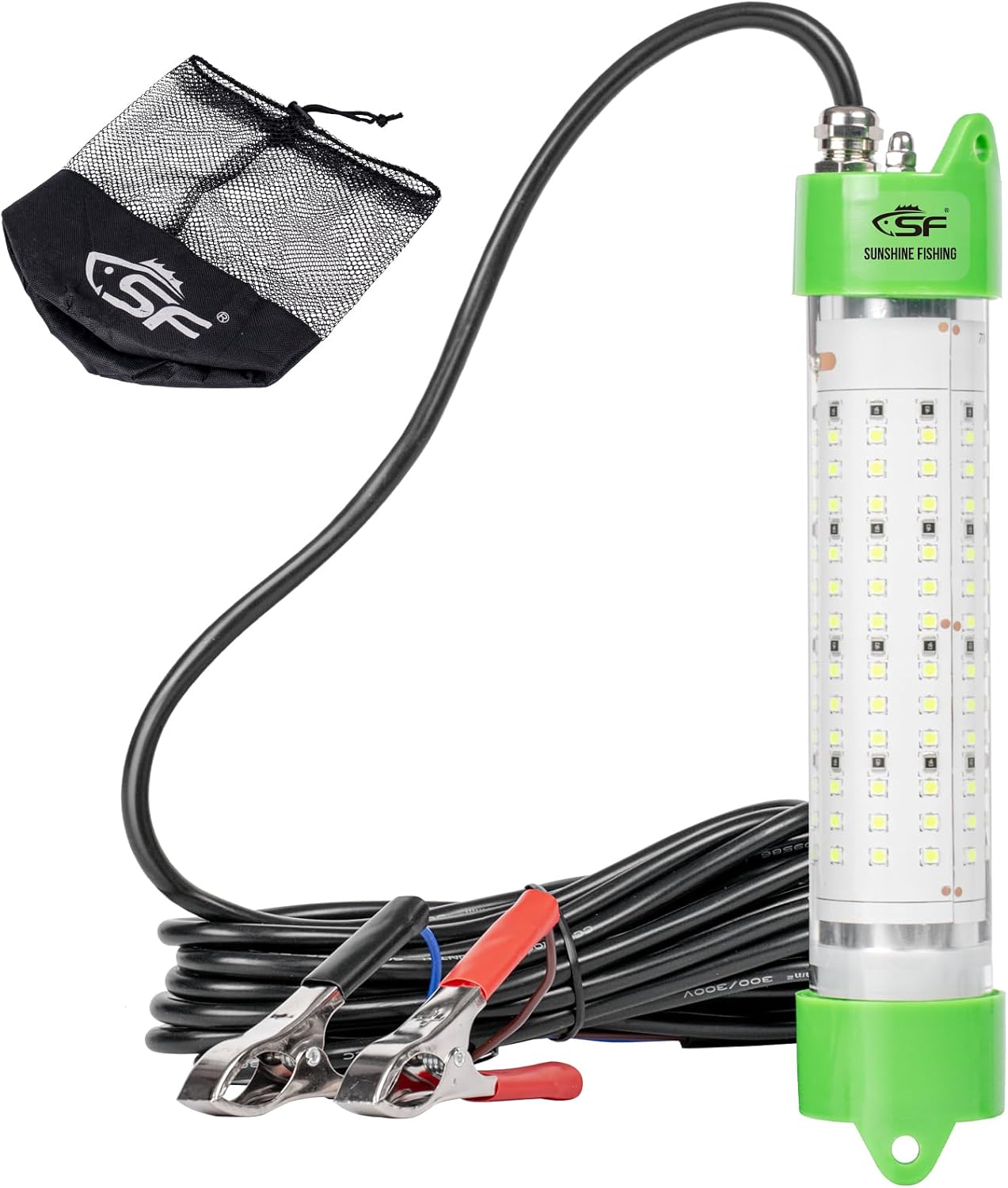 SF Underwater Fishing Light DC 12V Green LED Submersible Fish Bait for Crappie 200W/24000lm IP68 Waterproof Night Fish Attracting Light for Docks, Boats, Ice and Kayaks, Includes Battery Clips
