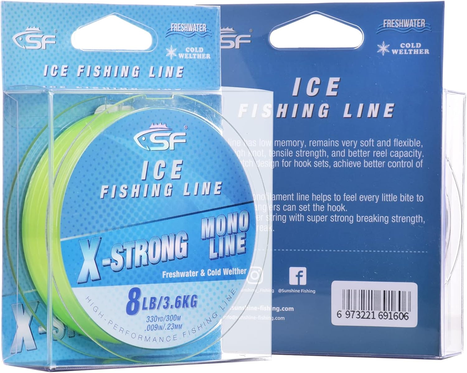 SF X-Strong Monofilament Ice Fishing Line with Spool Mono Line 3/4/6/8LB 330YD/300M Clear/Fluor Green Fishing Wire Freshwater