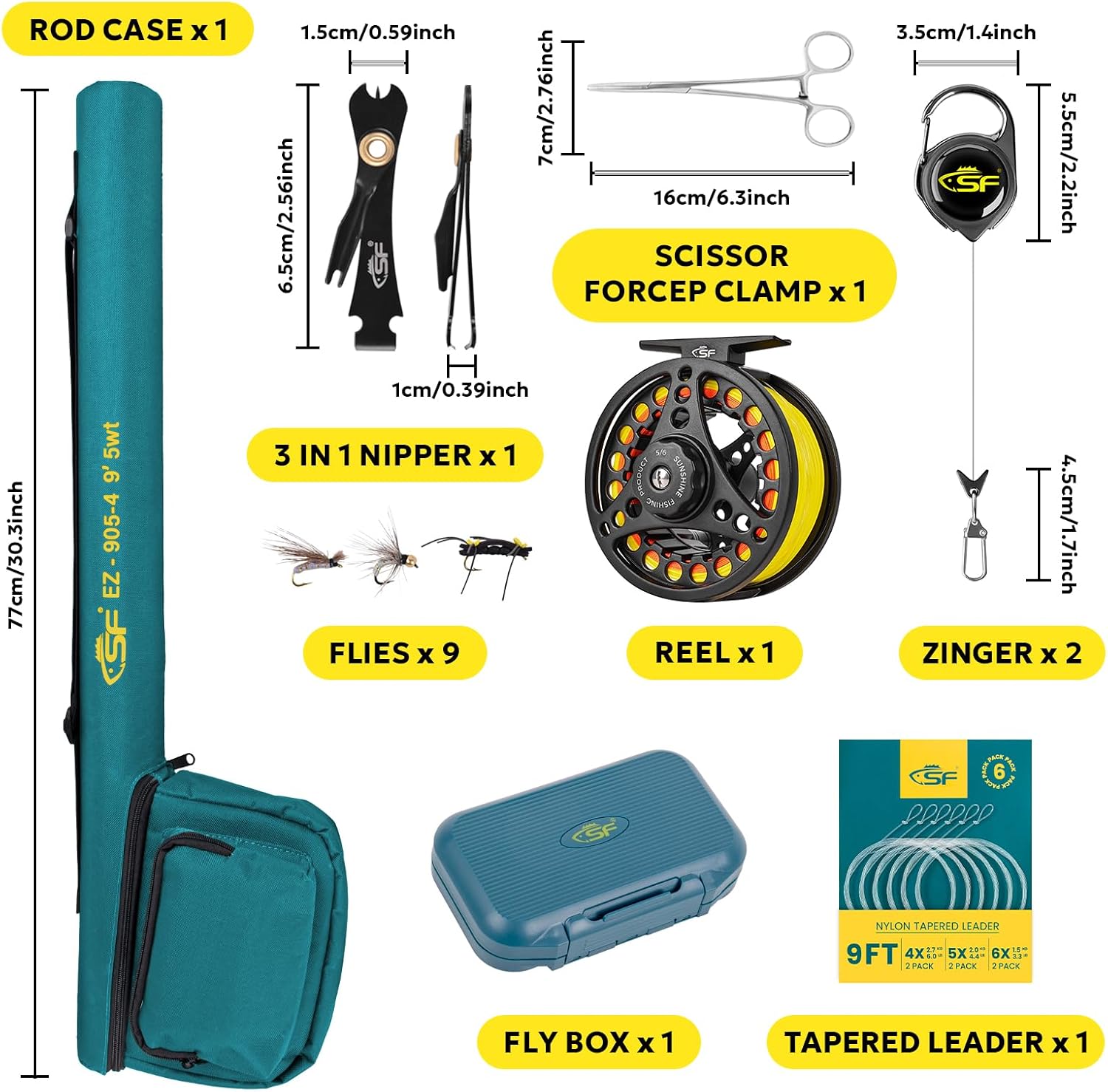SF Fly Fishing Rod Combo Starter Kit Semi Gloss Green Jade Finish 24T Carbon Fiber Trout Travel Fly Rod with Reel,Fly Rod case,Fly Box , Flies,Tapered Leader,Knot Tying Tools