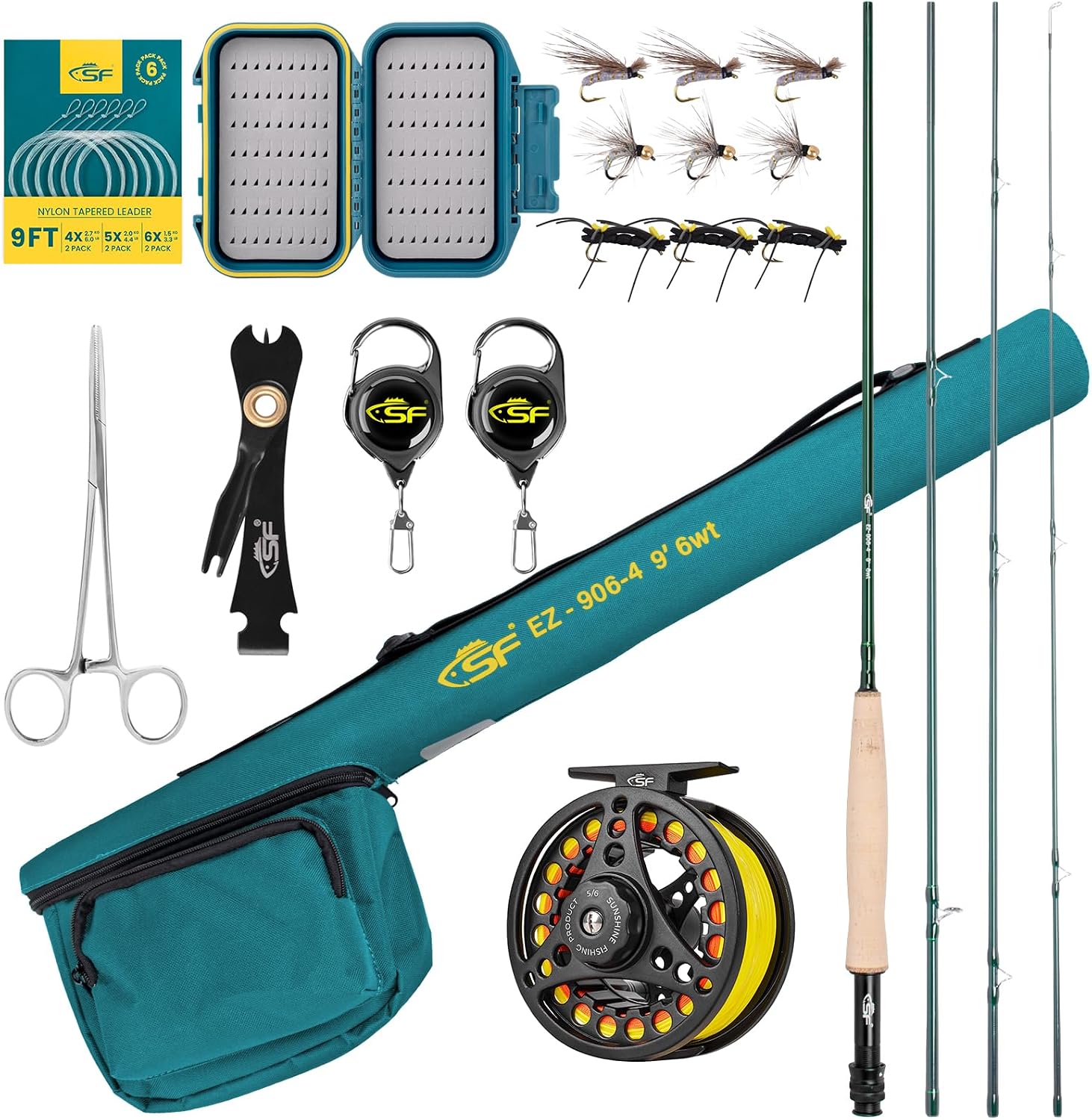 SF Fly Fishing Rod Combo Starter Kit Semi Gloss Green Jade Finish 24T Carbon Fiber Trout Travel Fly Rod with Reel,Fly Rod case,Fly Box , Flies,Tapered Leader,Knot Tying Tools