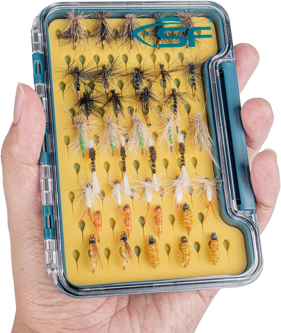 SF Slim Fishing Box Thin Trout Flies Plastic Clear Lid Yellow Silicone Waterproof Fly Fishing Box