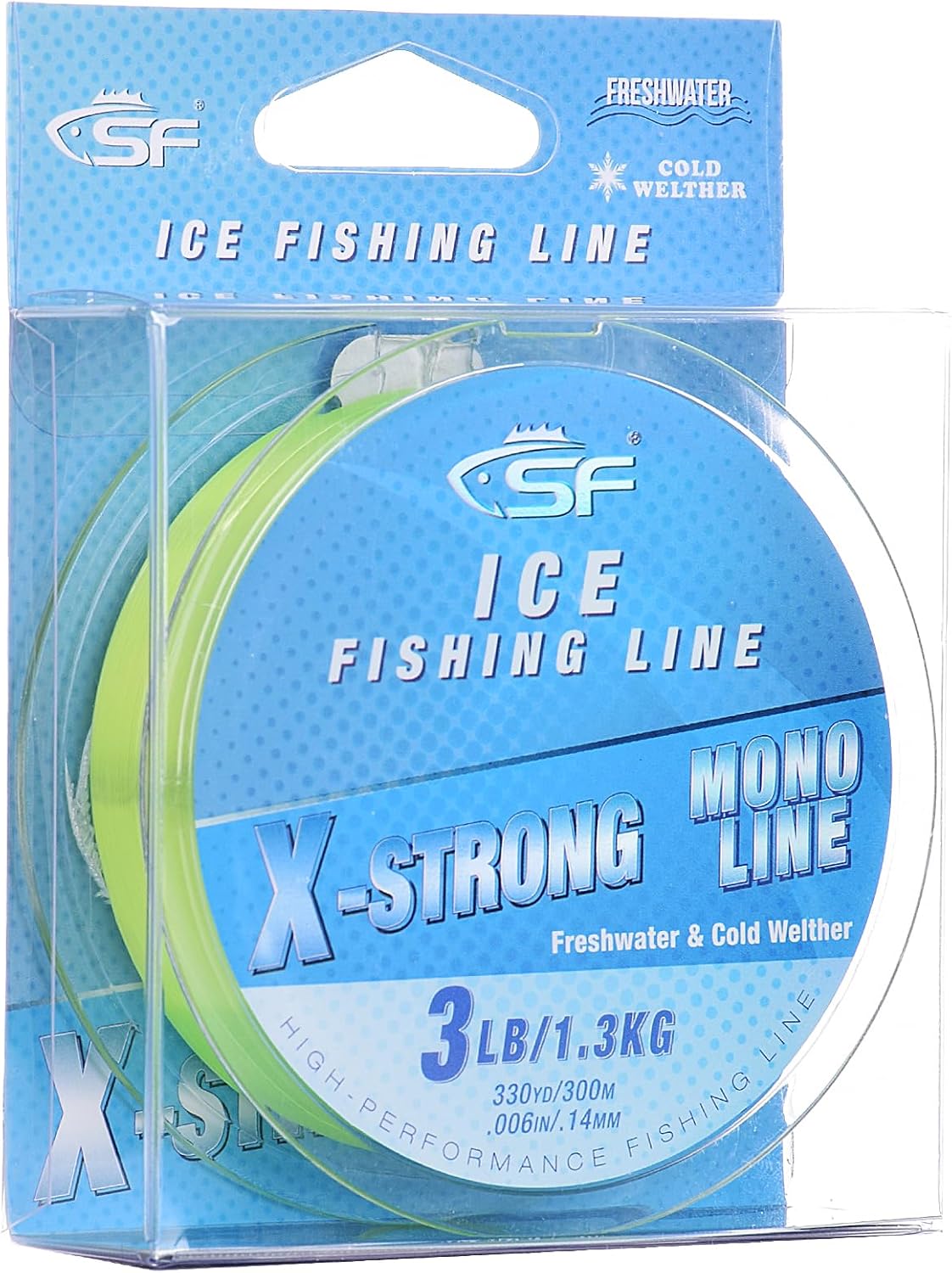 SF X-Strong Monofilament Ice Fishing Line with Spool Mono Line 3/4/6/8LB 330YD/300M Clear/Fluor Green Fishing Wire Freshwater