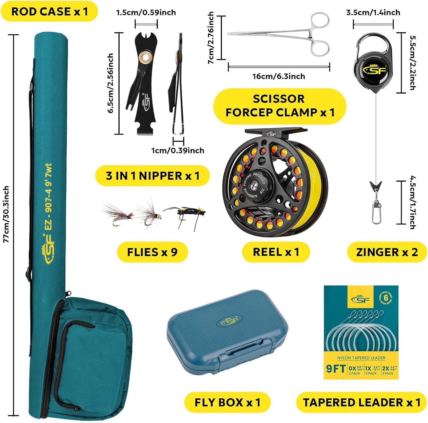 SF Fly Fishing Rod Combo Starter Kit Semi Gloss Green Jade Finish 24T Carbon Fiber Trout Travel Fly Rod with Reel,Fly Rod case,Fly Box , Flies,Tapered Leader,Knot Tying Tools