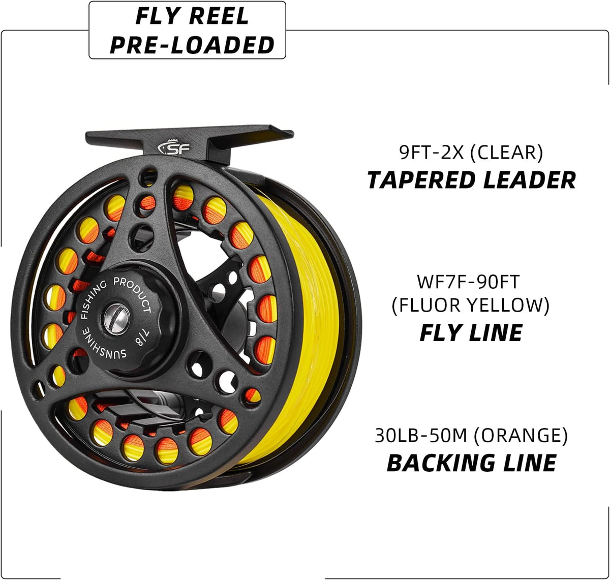 SF Large Arbor Fly Fishing Reel 3/4wt 5/6wt 7/8wt Aluminum Alloy Body Die-Cast Matt Black Pre-Loaded Fly Reel with Line Combo Fluorescent Yellow Fly Line