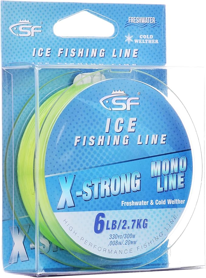 SF X-Strong Monofilament Ice Fishing Line with Spool Mono Line 3/4/6/8LB 330YD/300M Clear/Fluor Green Fishing Wire Freshwater
