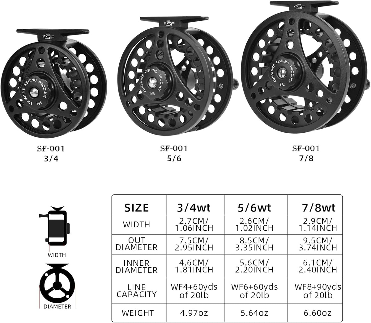 SF Large Arbor Fly Fishing Reel 3/4wt 5/6wt 7/8wt Aluminum Alloy Body Die-Cast Matt Black Pre-Loaded Fly Reel with Line Combo Fluorescent Yellow Fly Line