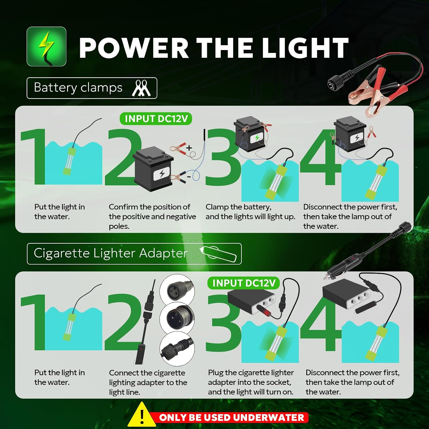 SF Underwater Fishing Light DC 12V Green LED Submersible Fish Bait for Crappie 200W/24000lm IP68 Waterproof Night Fish Attracting Light for Docks, Boats, Ice and Kayaks, Includes Battery Clips