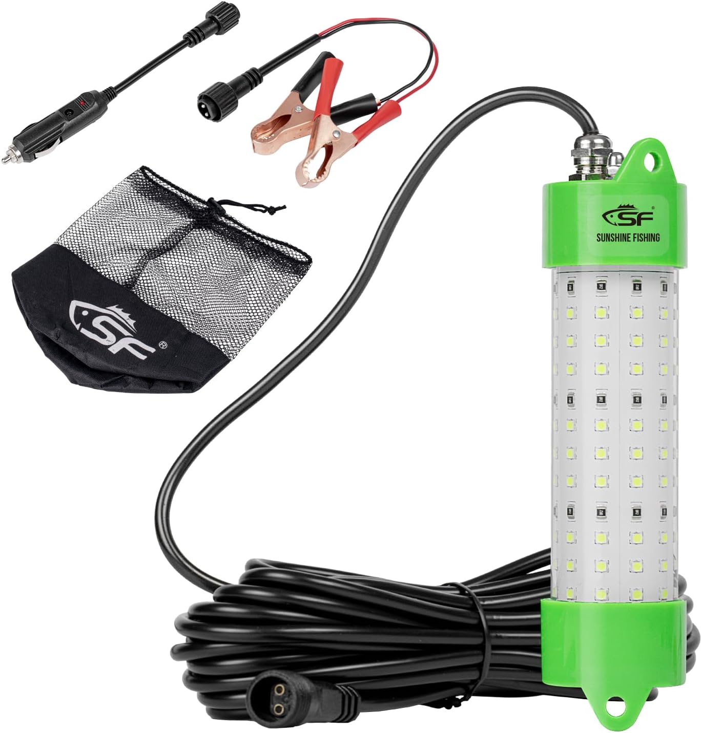 SF Underwater Fishing Light DC 12V Green LED Submersible Fish Bait for Crappie 200W/24000lm IP68 Waterproof Night Fish Attracting Light for Docks, Boats, Ice and Kayaks, Includes Battery Clips