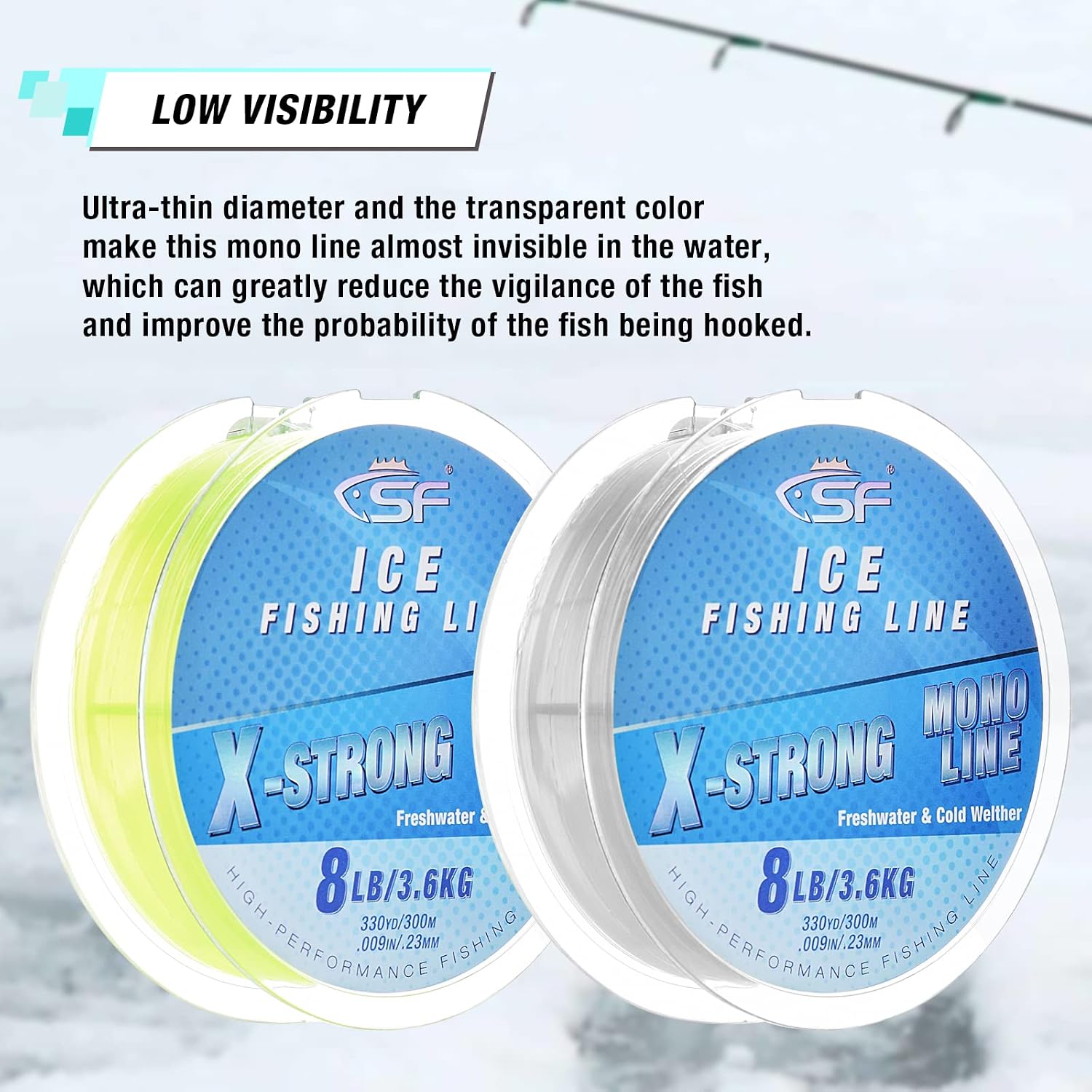 SF X-Strong Monofilament Ice Fishing Line with Spool Mono Line 3/4/6/8LB 330YD/300M Clear/Fluor Green Fishing Wire Freshwater
