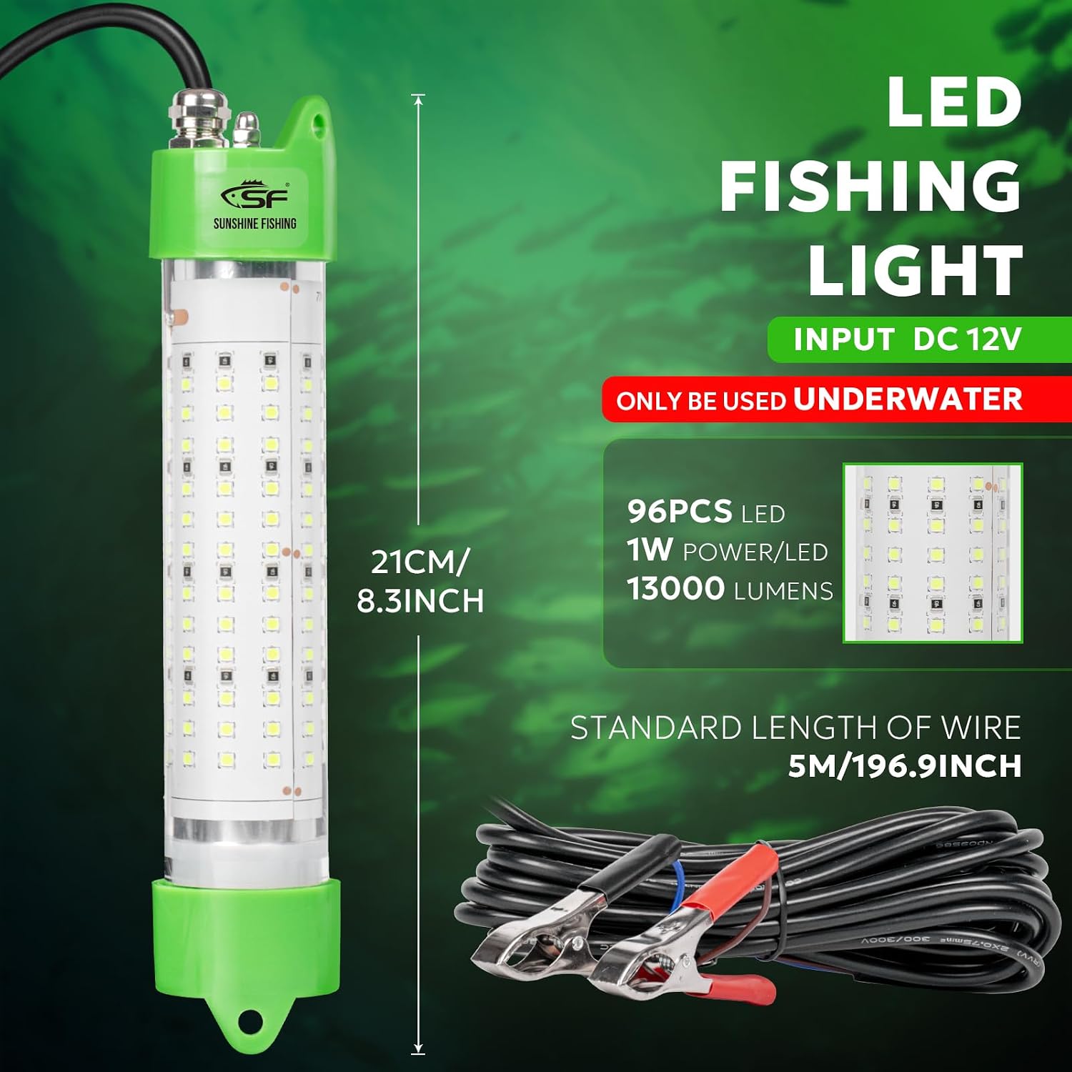 SF Underwater Fishing Light DC 12V Green LED Submersible Fish Bait for Crappie 200W/24000lm IP68 Waterproof Night Fish Attracting Light for Docks, Boats, Ice and Kayaks, Includes Battery Clips