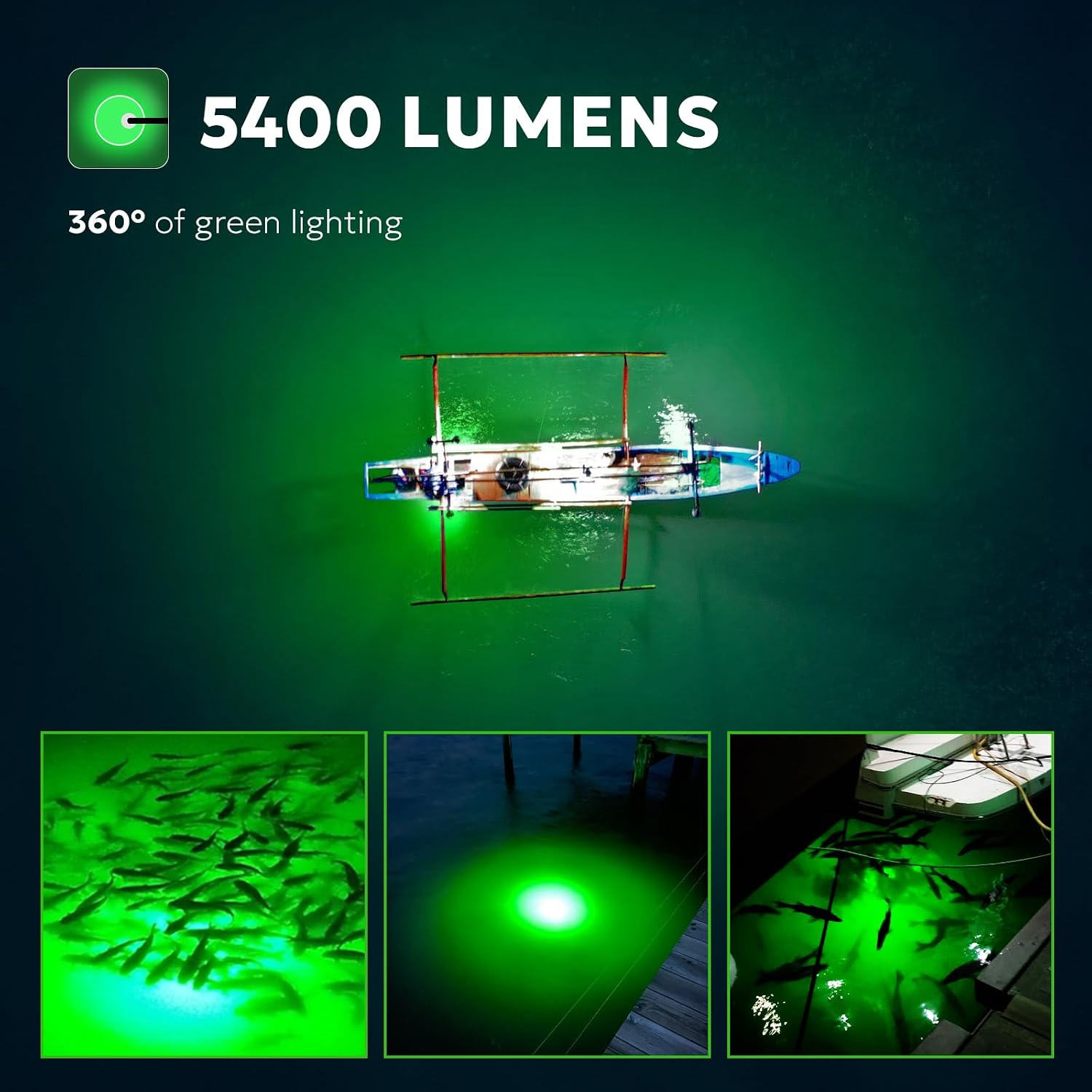 SF Underwater Fishing Light DC 12V Green LED Submersible Fish Bait for Crappie 200W/24000lm IP68 Waterproof Night Fish Attracting Light for Docks, Boats, Ice and Kayaks, Includes Battery Clips