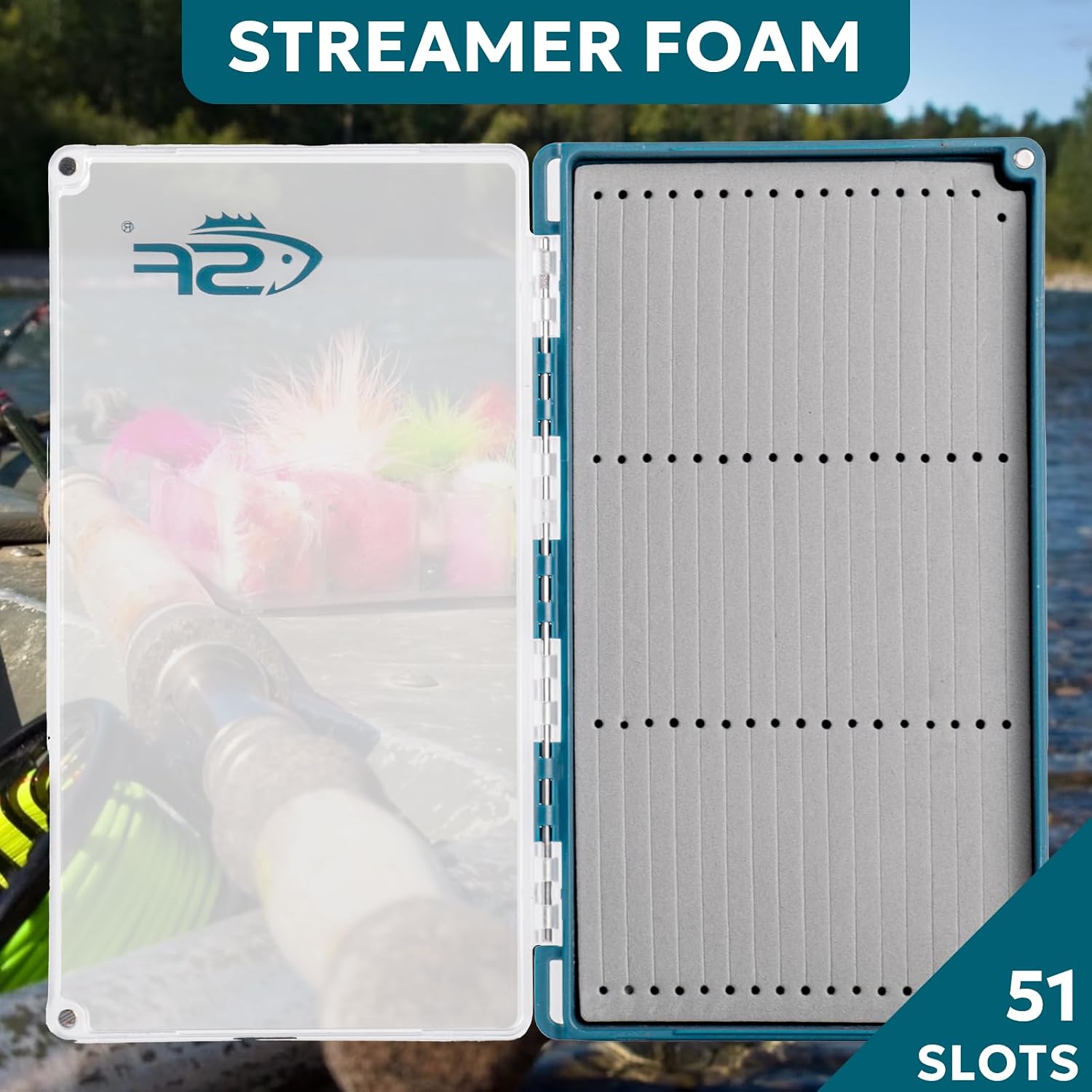 SF Streamer Fly Fishing Box with Magnetic Closure & Clear Lid, Polycarbonate Fly Box for Streamers, Nymphs and Trout