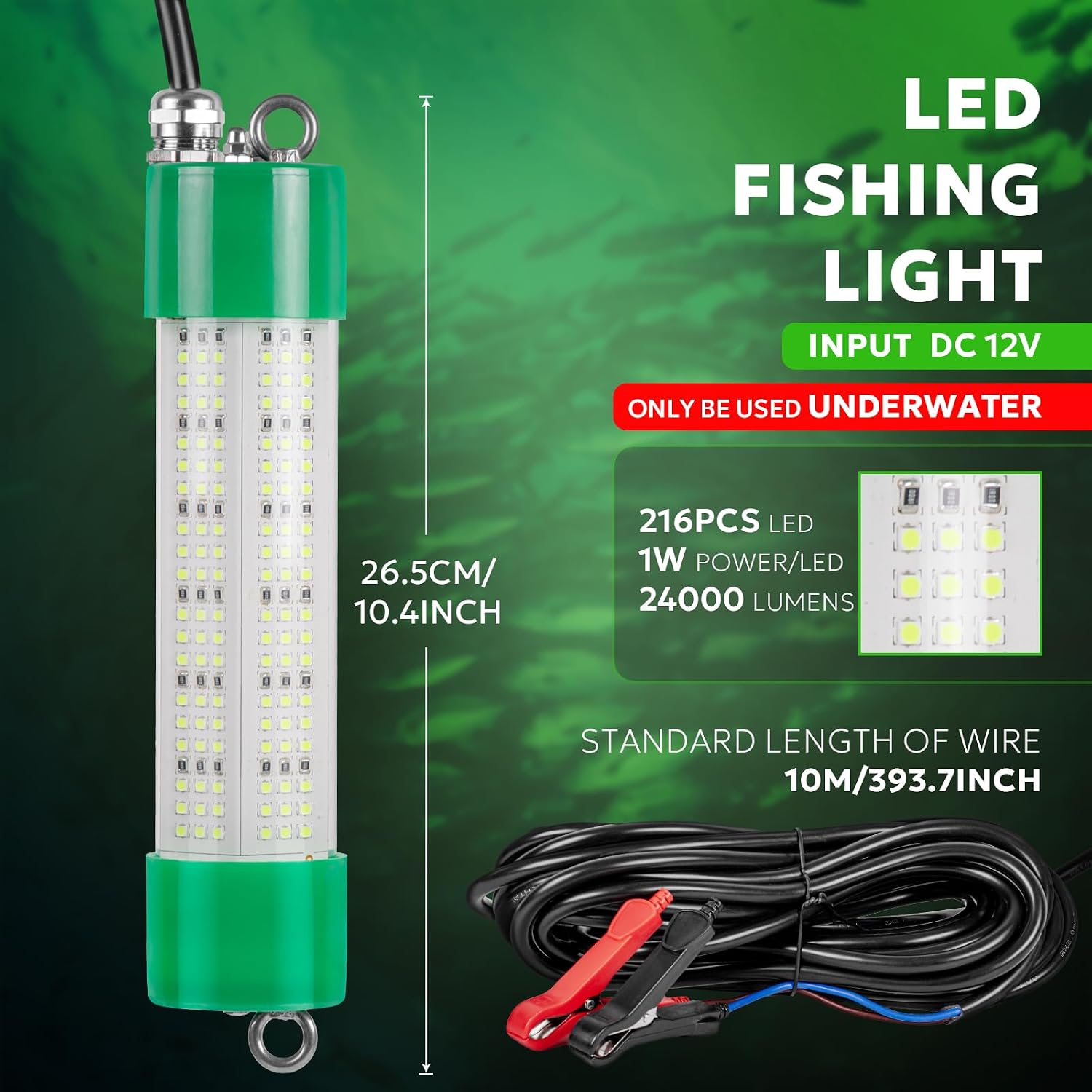 SF Underwater Fishing Light DC 12V Green LED Submersible Fish Bait for Crappie 200W/24000lm IP68 Waterproof Night Fish Attracting Light for Docks, Boats, Ice and Kayaks, Includes Battery Clips