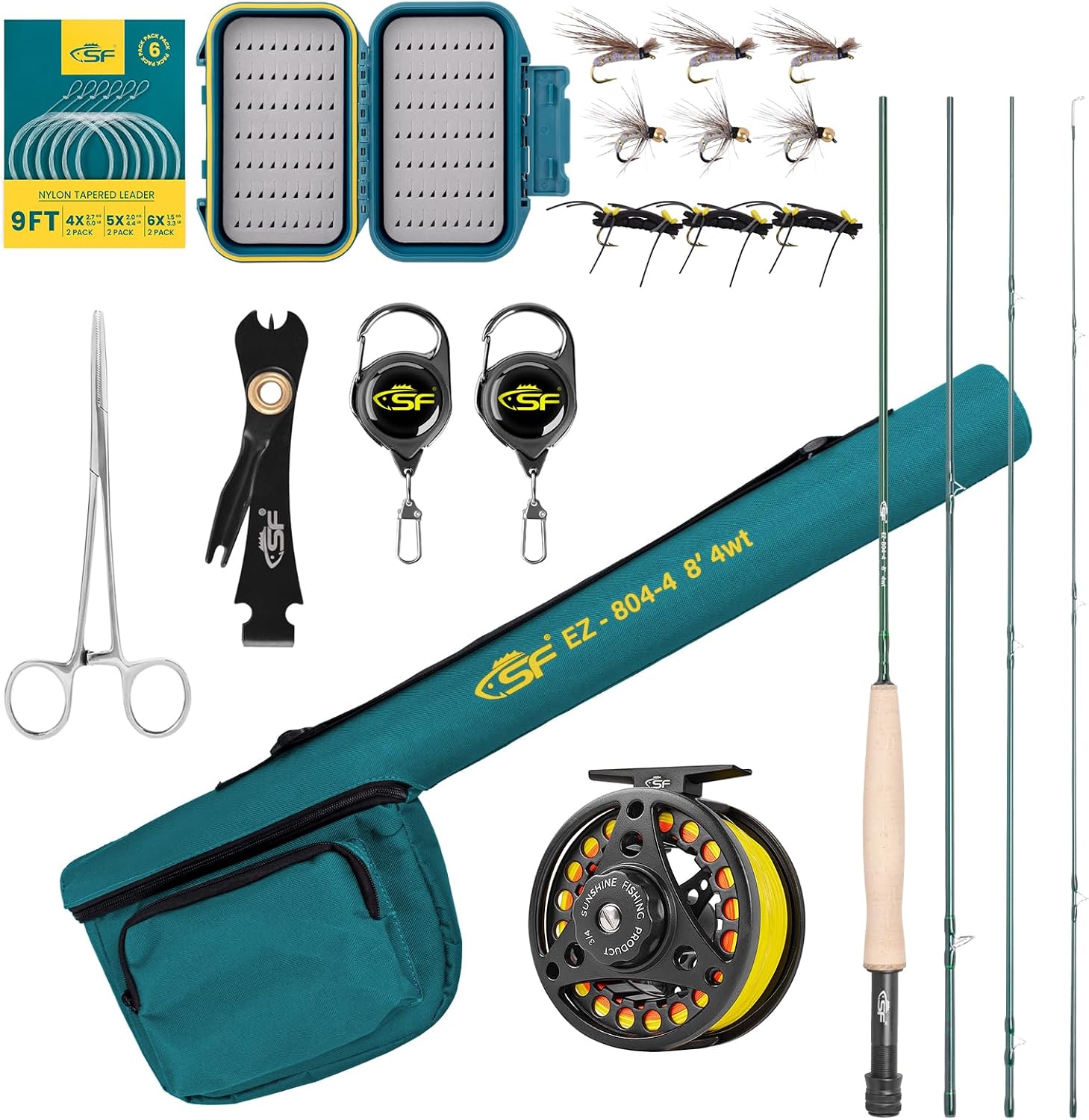 SF Fly Fishing Rod Combo Starter Kit Semi Gloss Green Jade Finish 24T Carbon Fiber Trout Travel Fly Rod with Reel,Fly Rod case,Fly Box , Flies,Tapered Leader,Knot Tying Tools