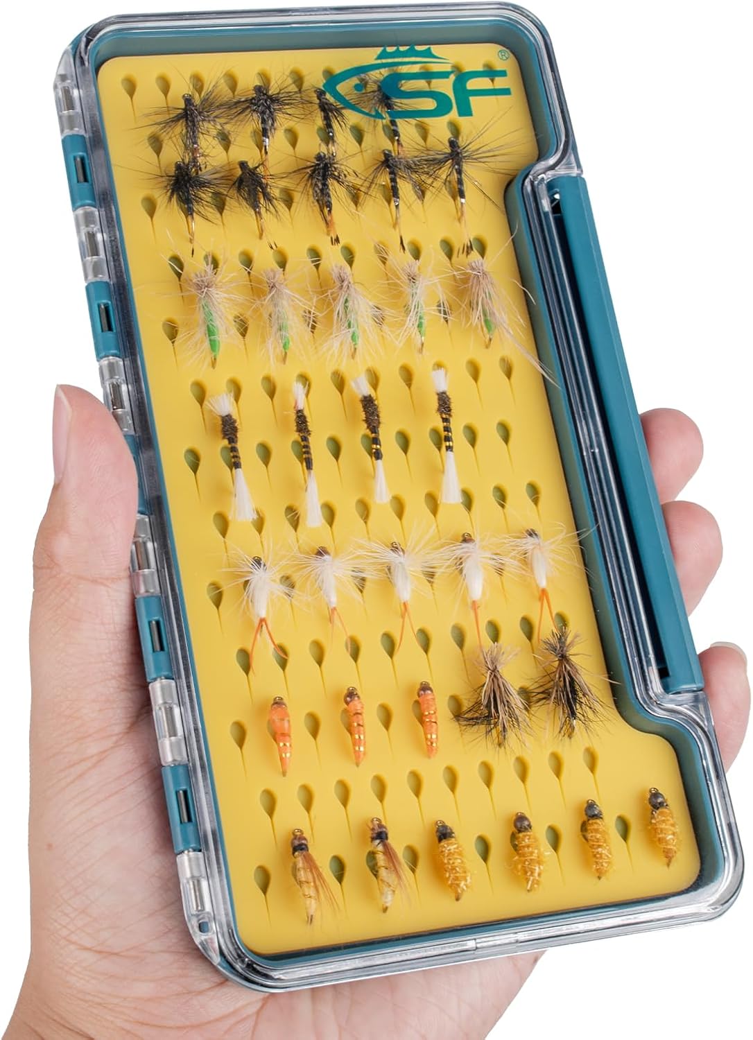 SF Slim Fishing Box Thin Trout Flies Plastic Clear Lid Yellow Silicone Waterproof Fly Fishing Box